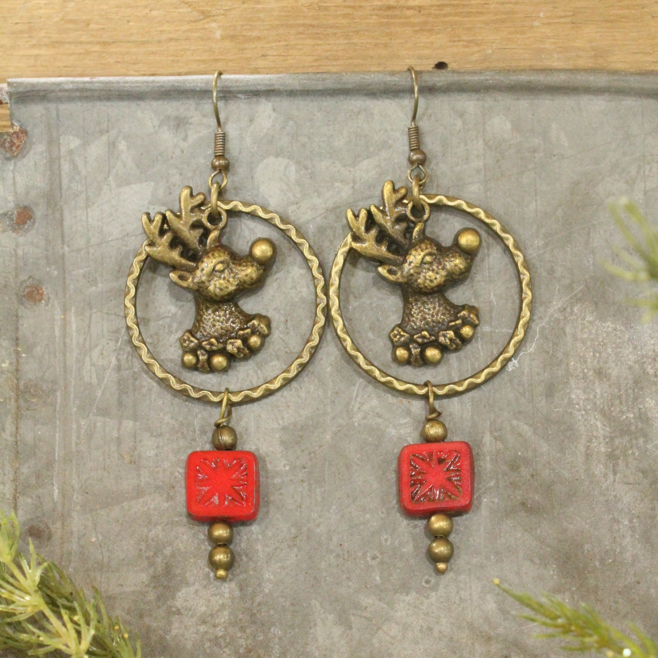 Czech Glass Packages Hanging W/ Rudolph Dangle Earrings