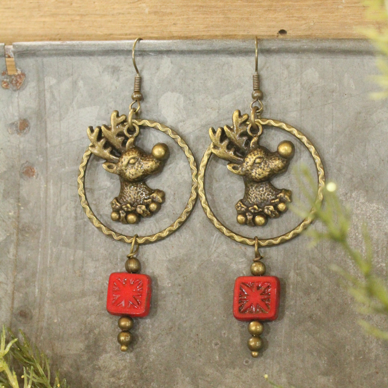 Czech Glass Packages Hanging W/ Rudolph Dangle Earrings