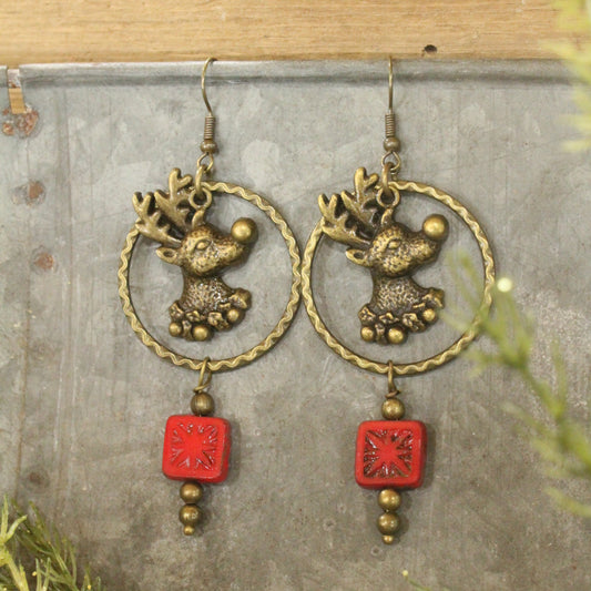 Czech Glass Packages Hanging W/ Rudolph Dangle Earrings