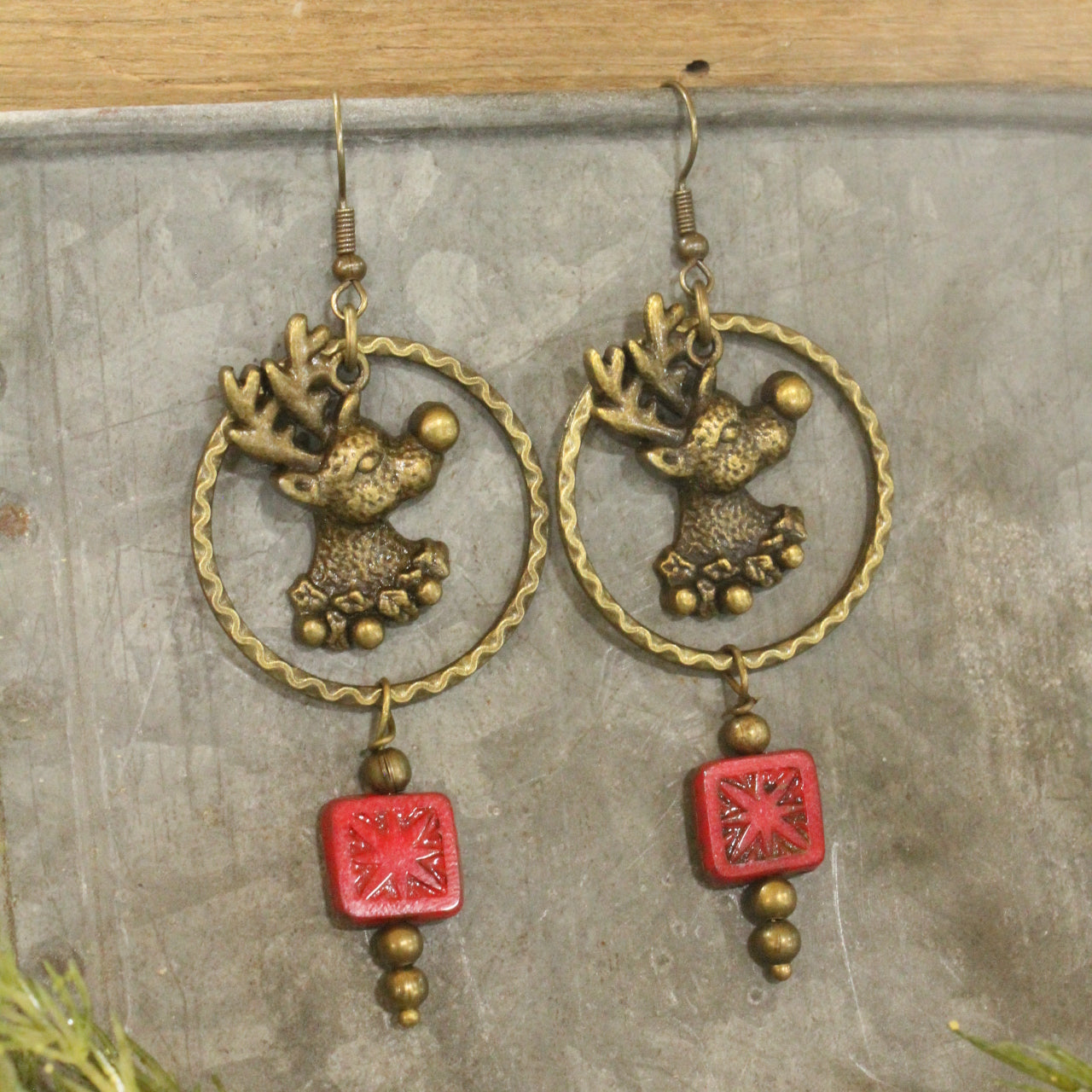 Czech Glass Packages Hanging W/ Rudolph Dangle Earrings