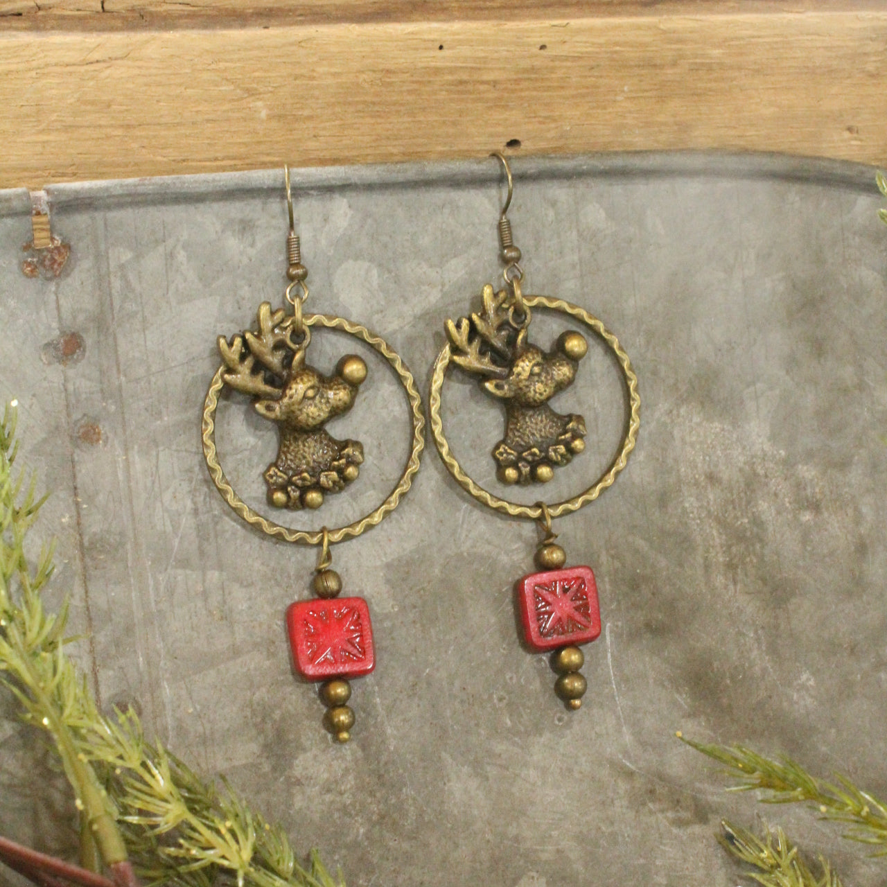 Czech Glass Packages Hanging W/ Rudolph Dangle Earrings