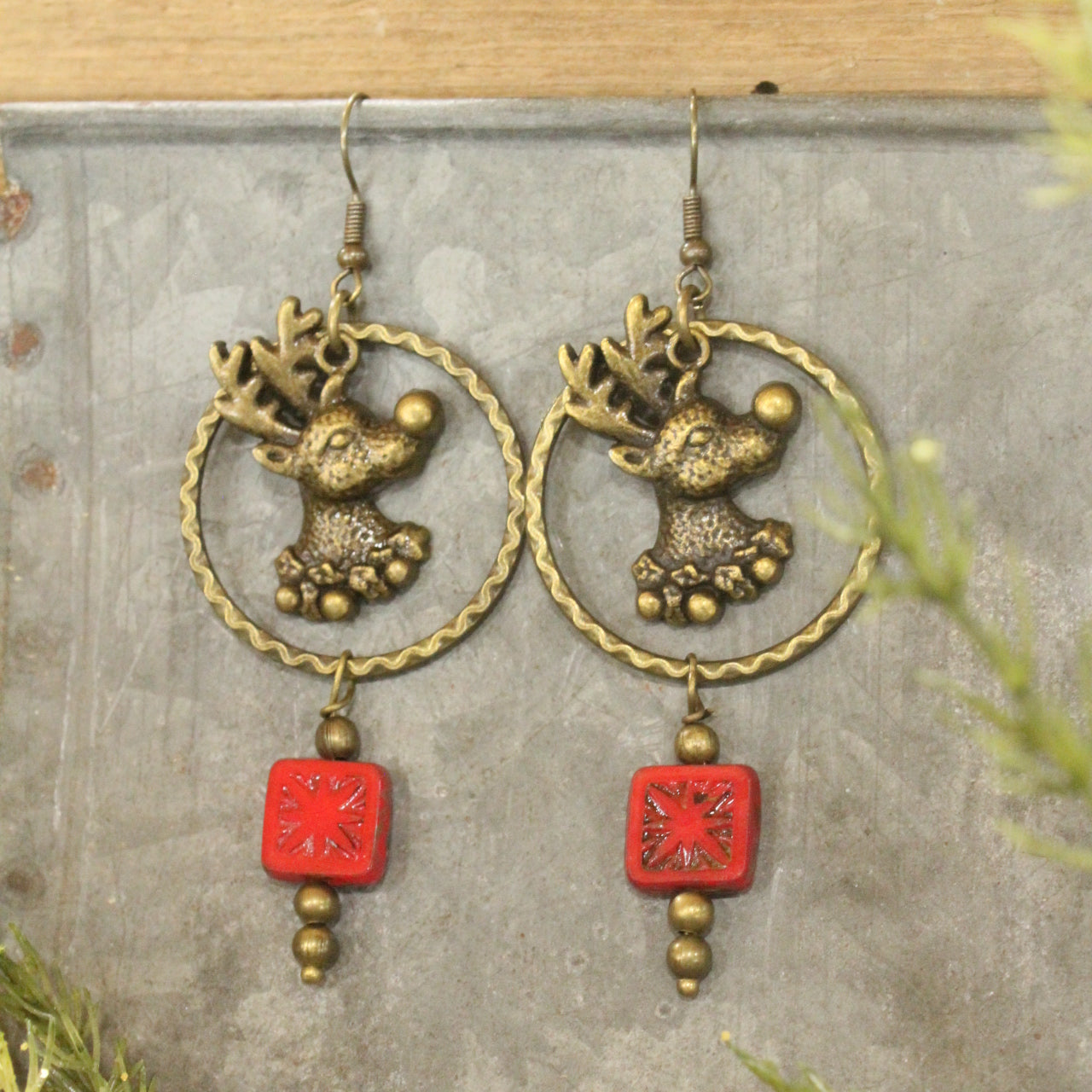 Czech Glass Packages Hanging W/ Rudolph Dangle Earrings