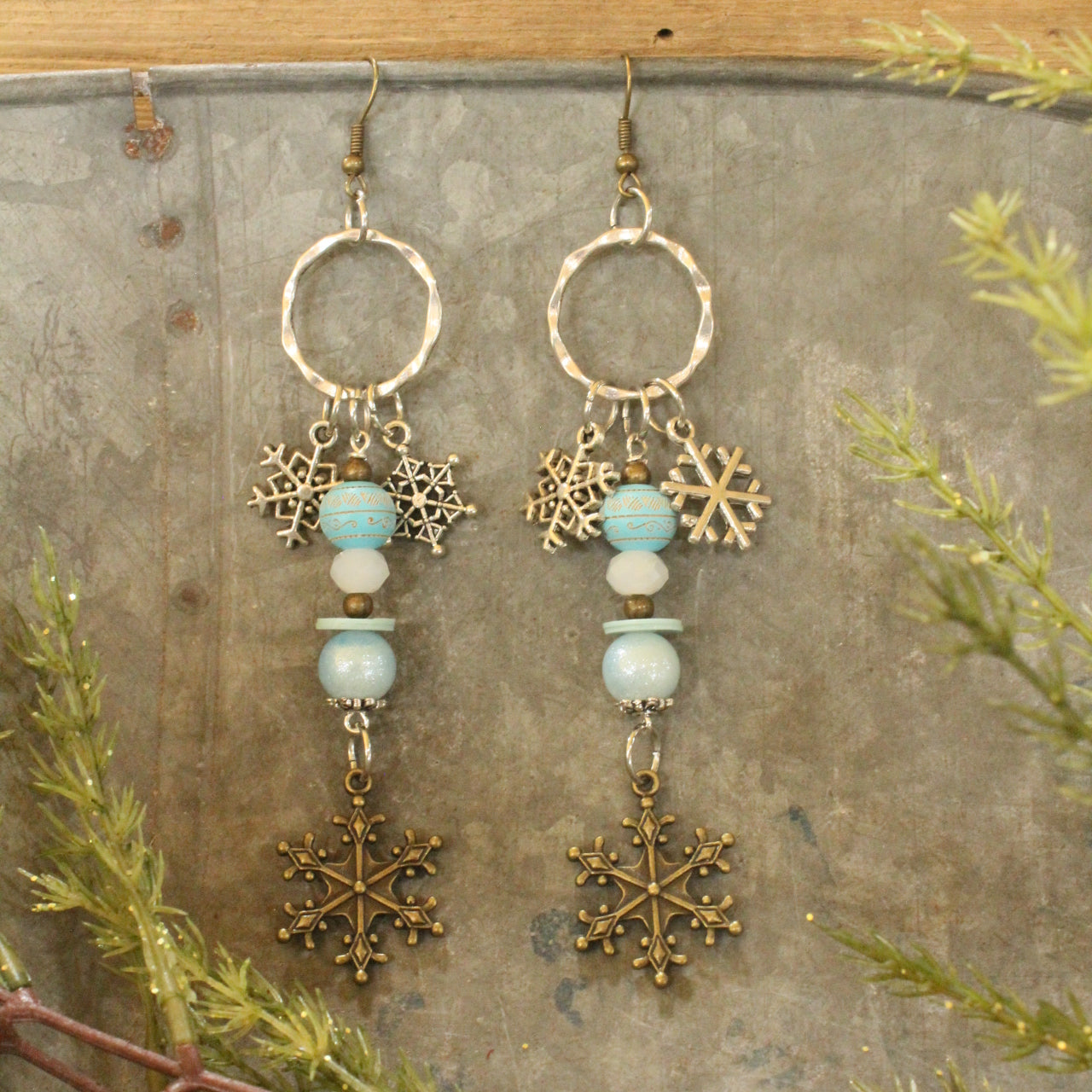 Mixed Metal Icy Blue Snowflake Earrings