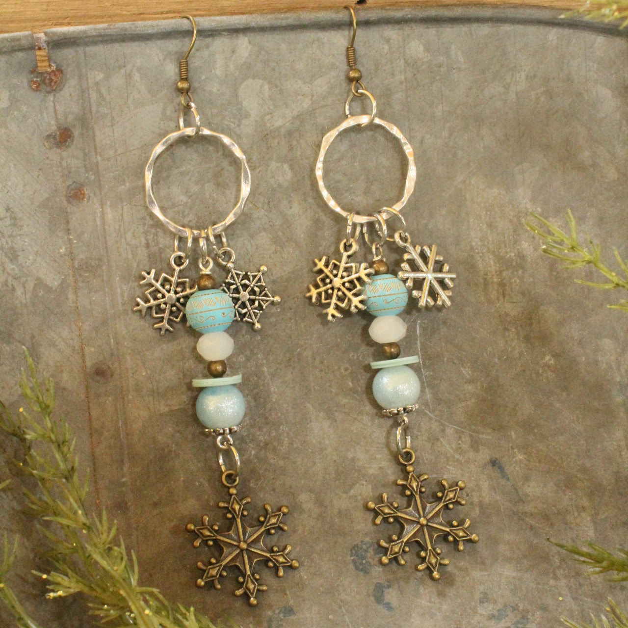 Mixed Metal Icy Blue Snowflake Earrings