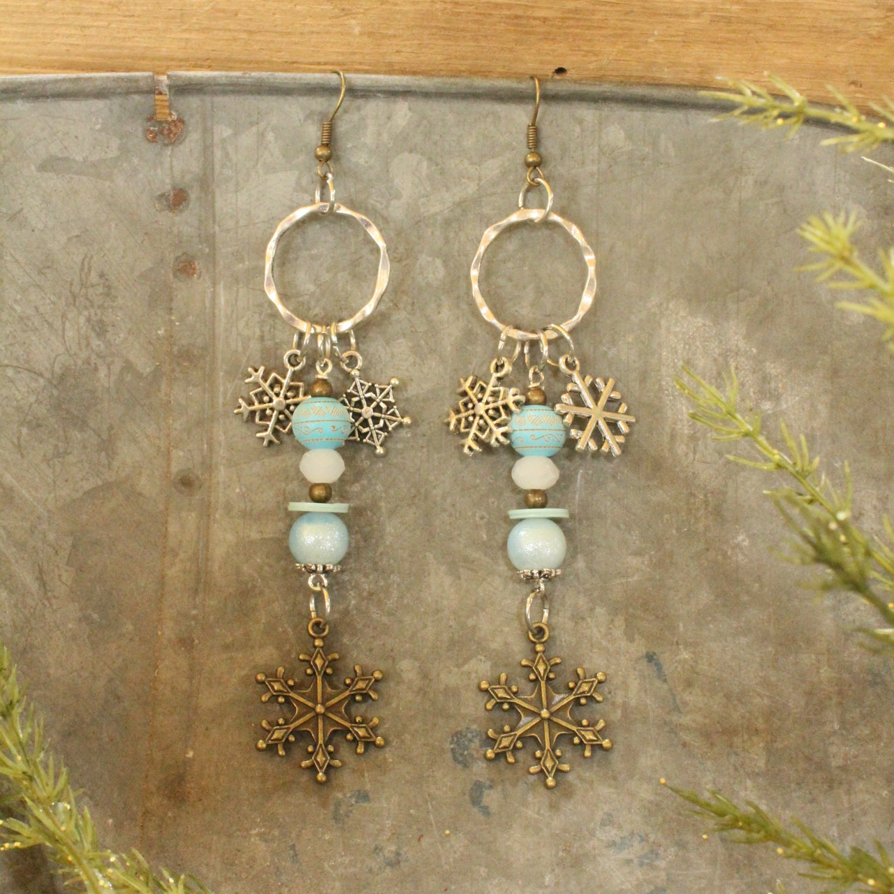 Mixed Metal Icy Blue Snowflake Earrings