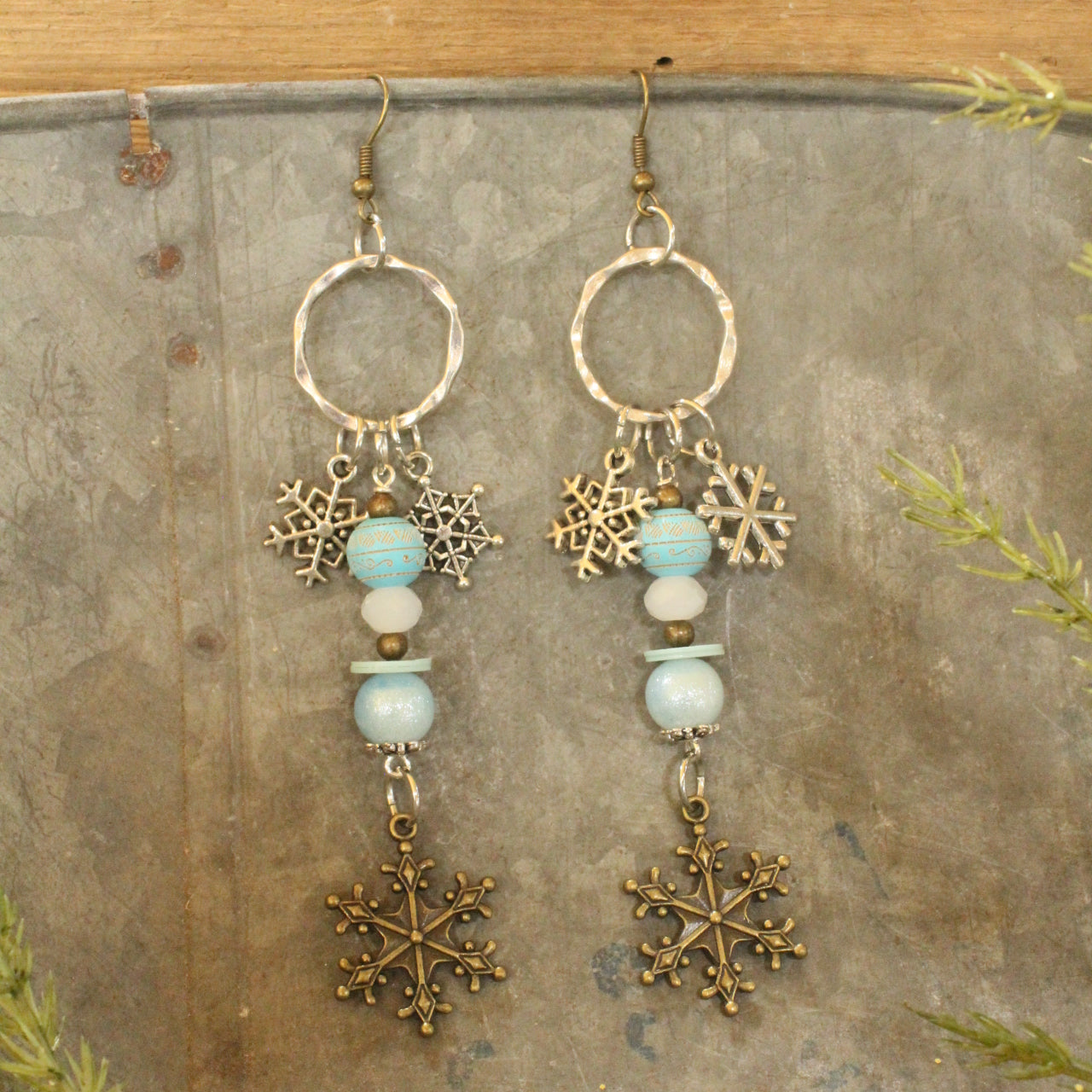 Mixed Metal Icy Blue Snowflake Earrings