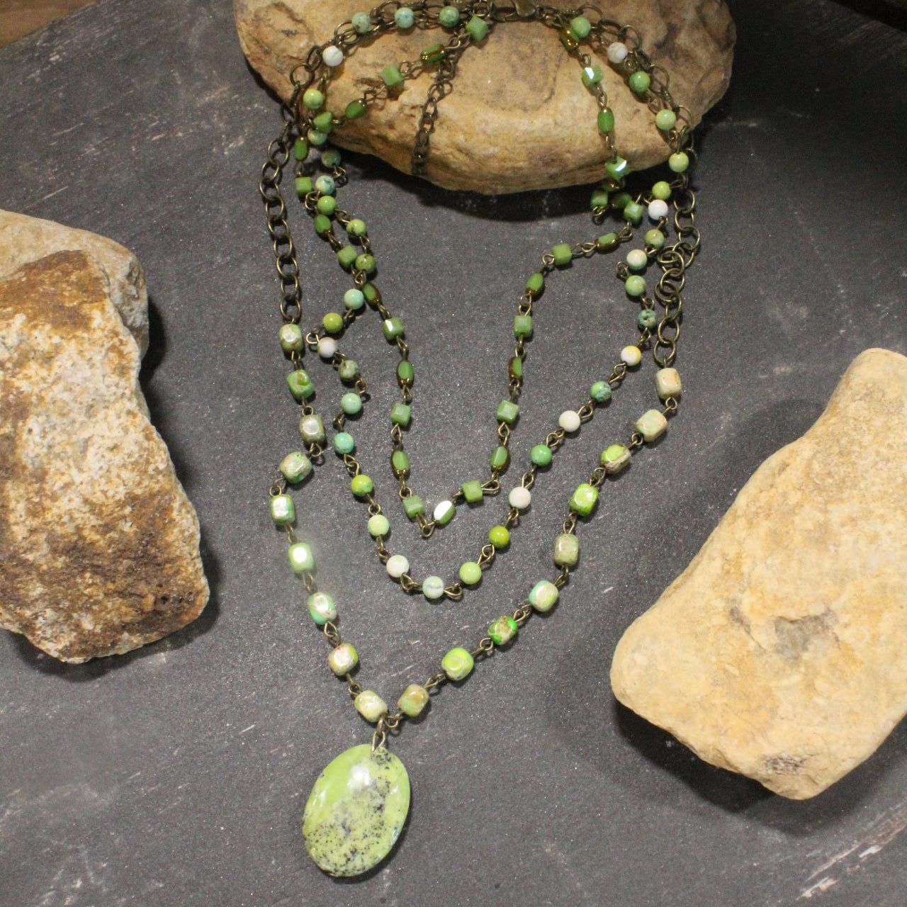 Bohemian Layered Lime Stone Necklace