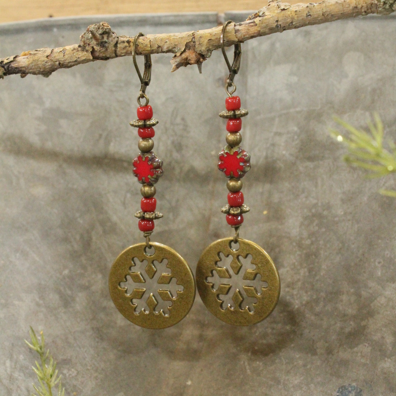 Red Czech Snowflake Dangle Drop Earrings