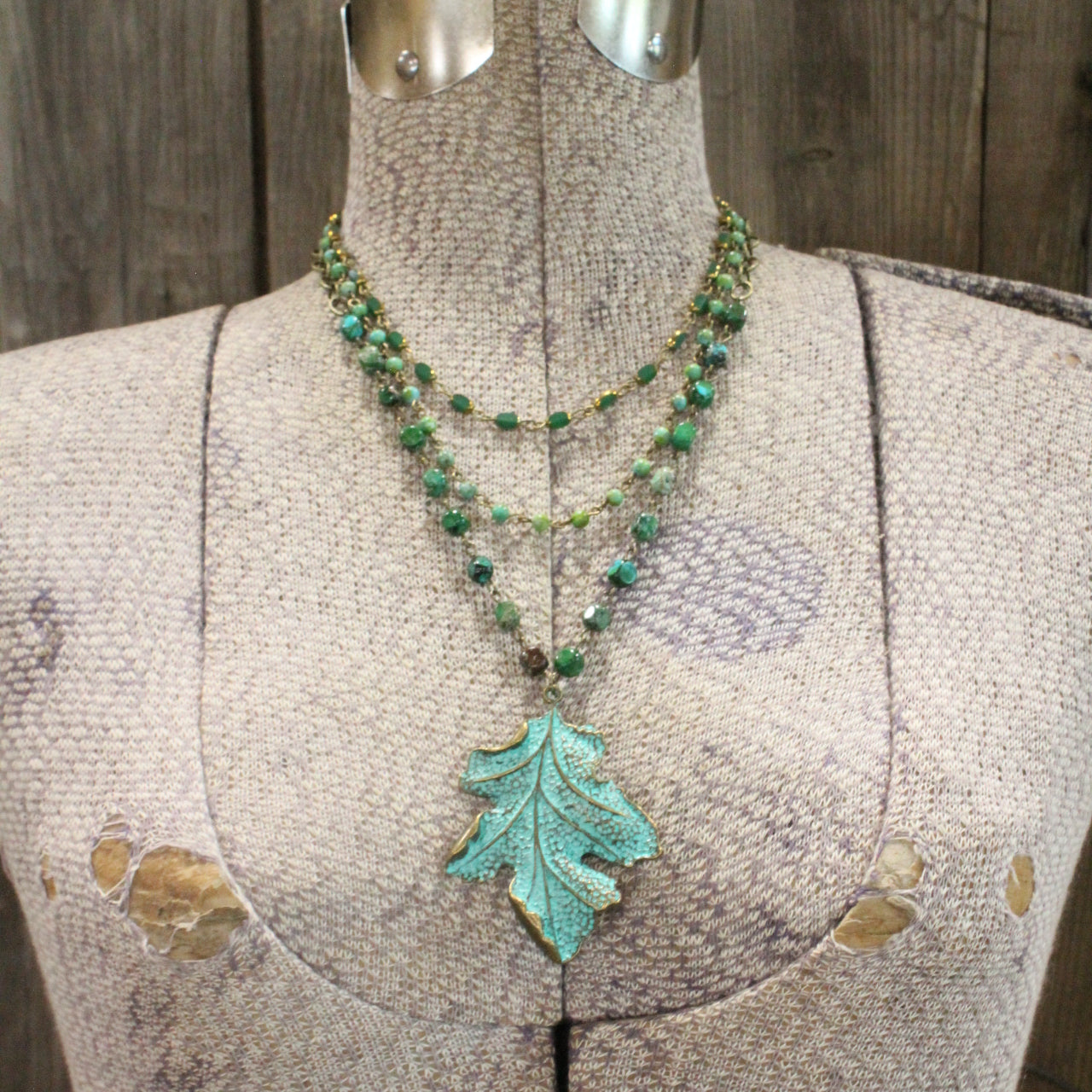 Bohemian Layered Crisp Green Leaf Stone Necklace