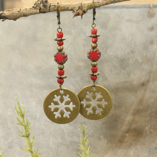 Red Czech Snowflake Dangle Drop Earrings