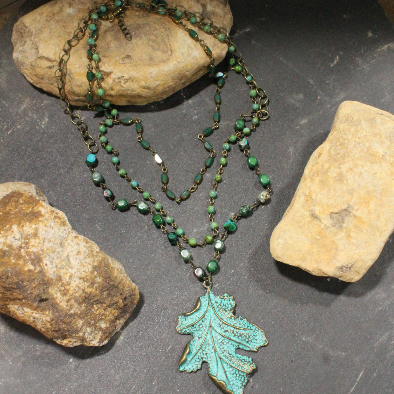 Bohemian Layered Crisp Green Leaf Stone Necklace
