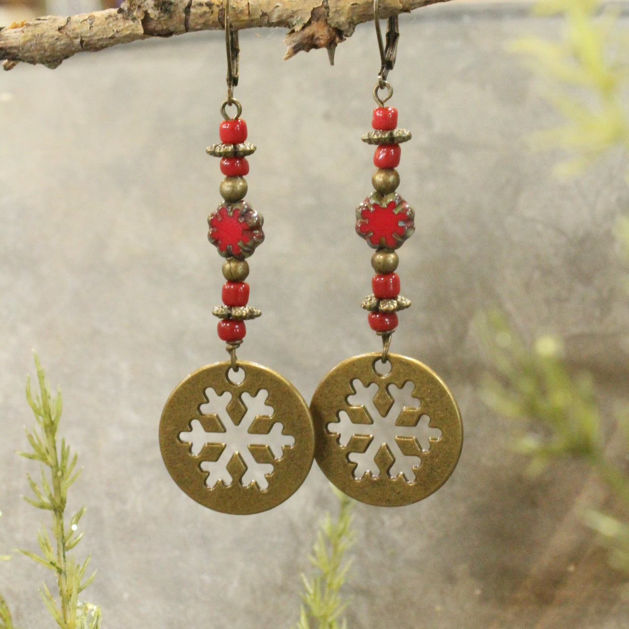 Red Czech Snowflake Dangle Drop Earrings