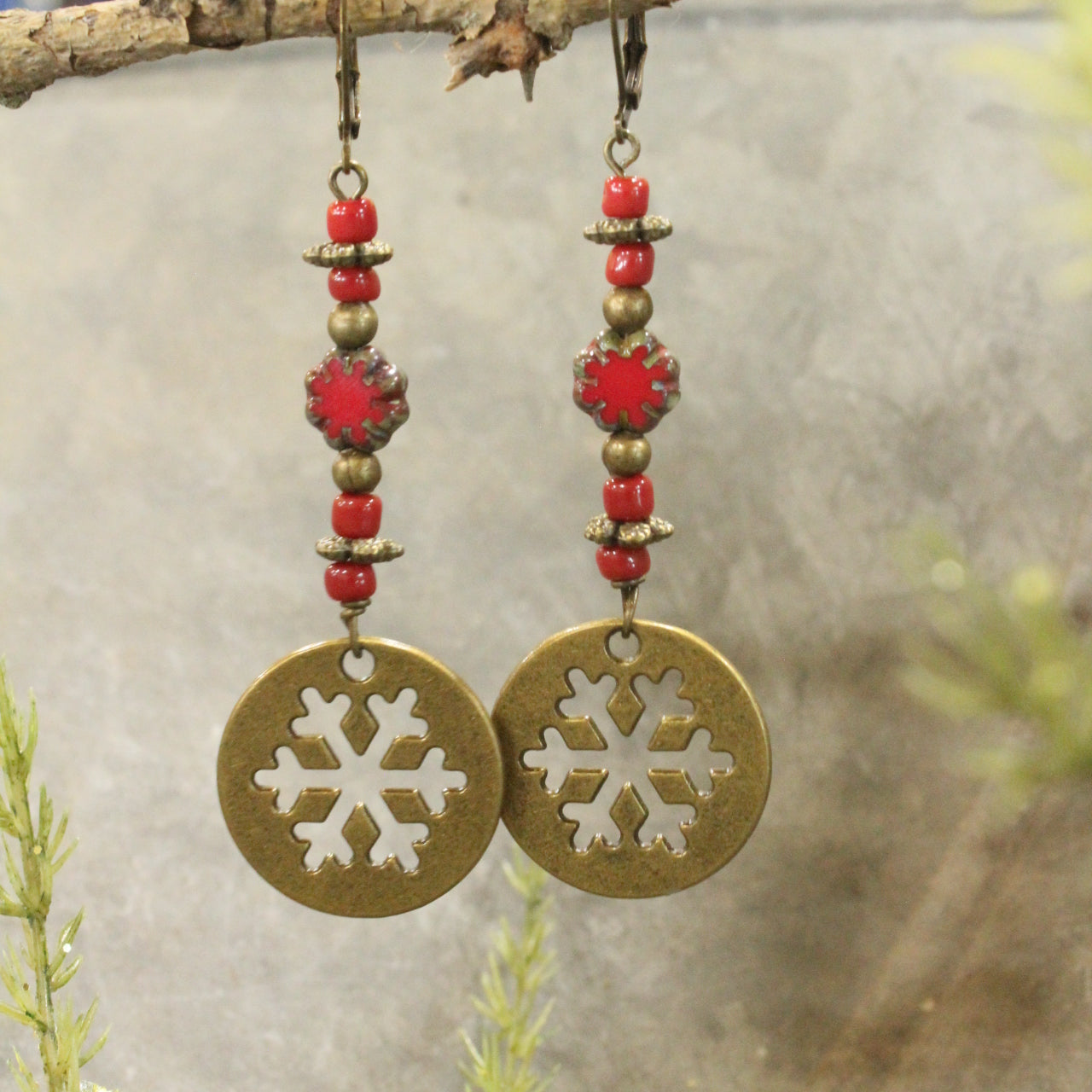 Red Czech Snowflake Dangle Drop Earrings