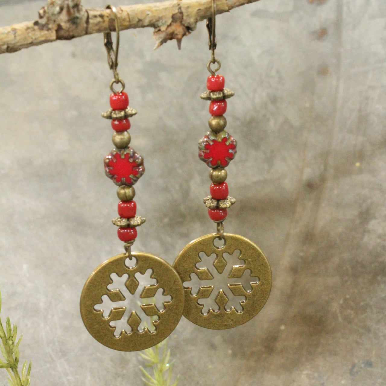 Red Czech Snowflake Dangle Drop Earrings