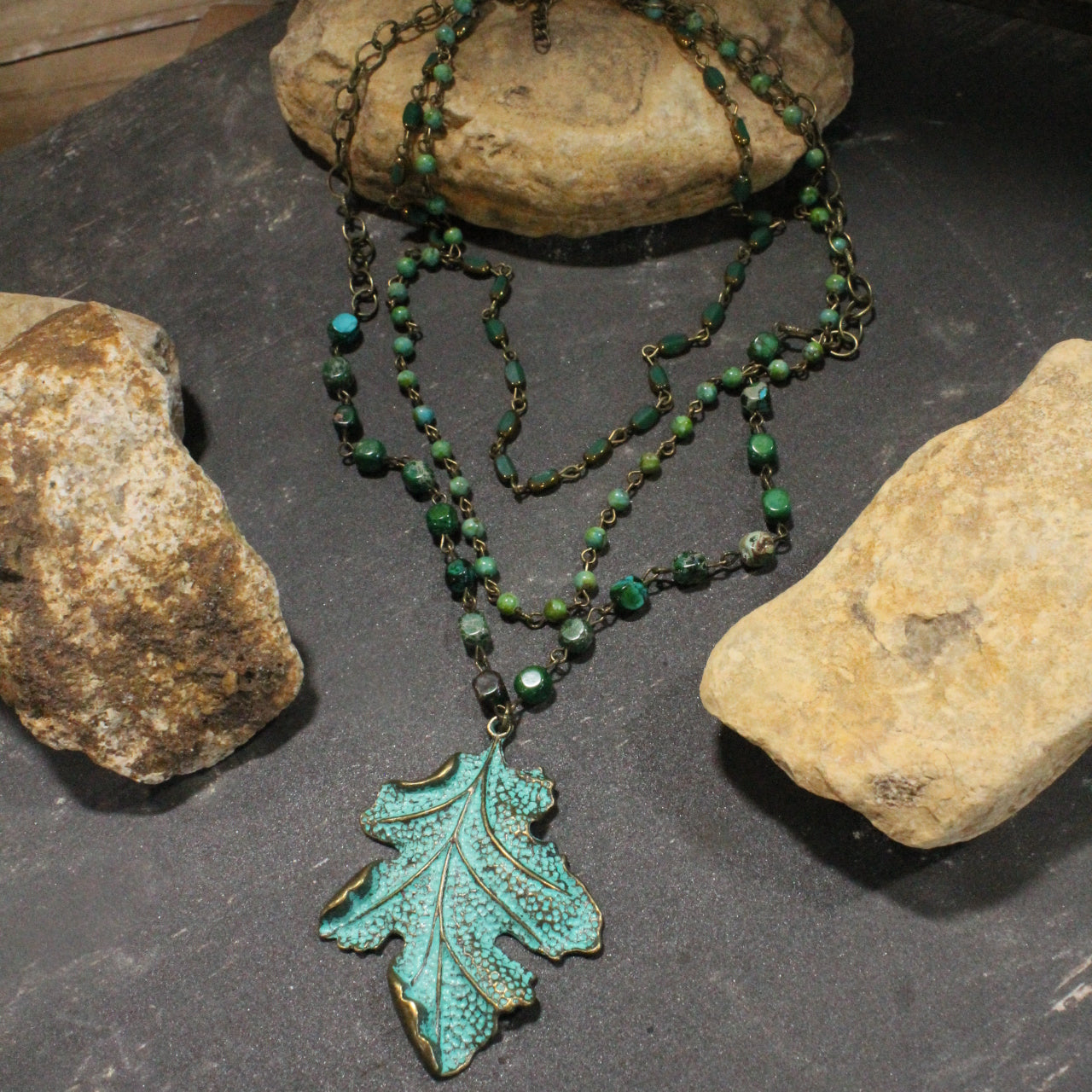 Bohemian Layered Crisp Green Leaf Stone Necklace