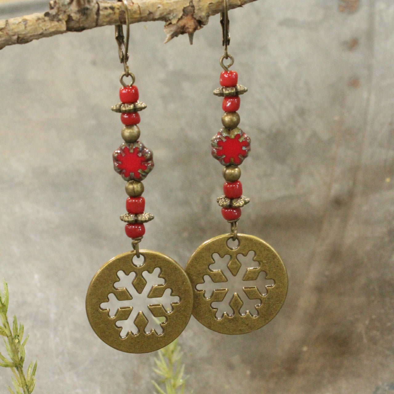 Red Czech Snowflake Dangle Drop Earrings