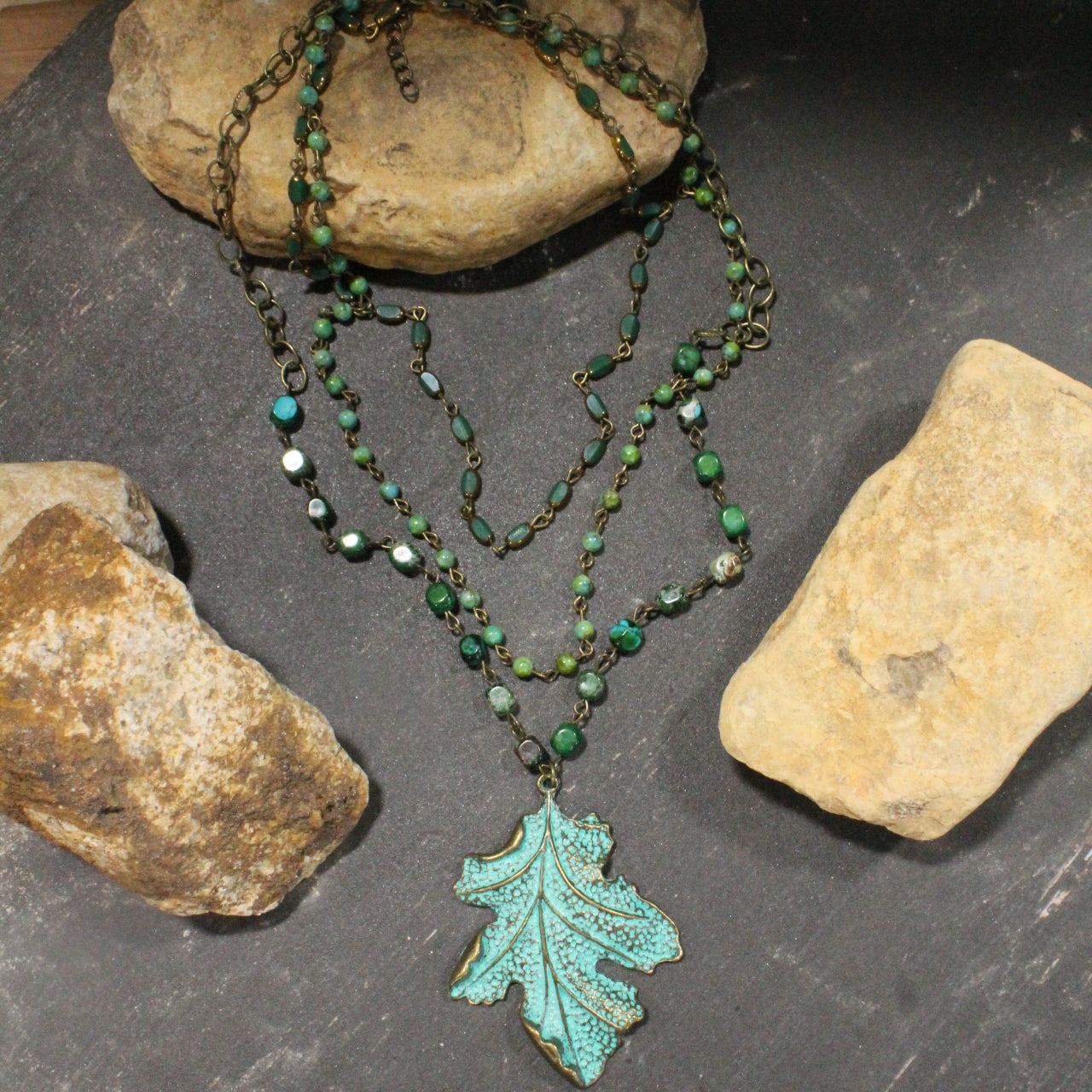 Bohemian Layered Crisp Green Leaf Stone Necklace