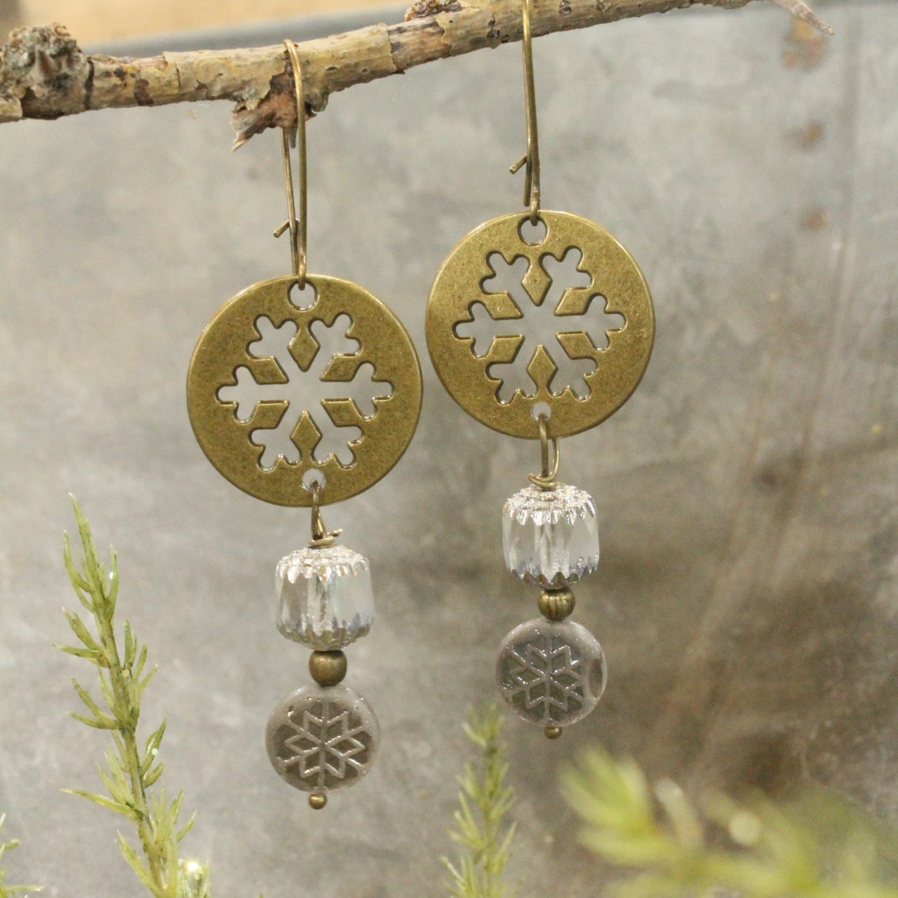 Bronze & Grey Czech Snowflake Earrings