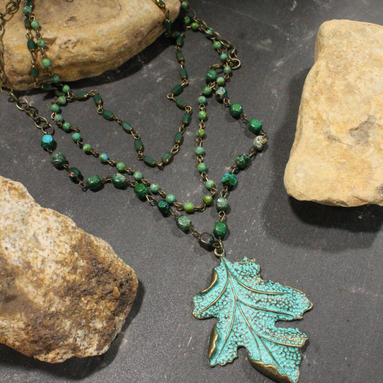 Bohemian Layered Crisp Green Leaf Stone Necklace