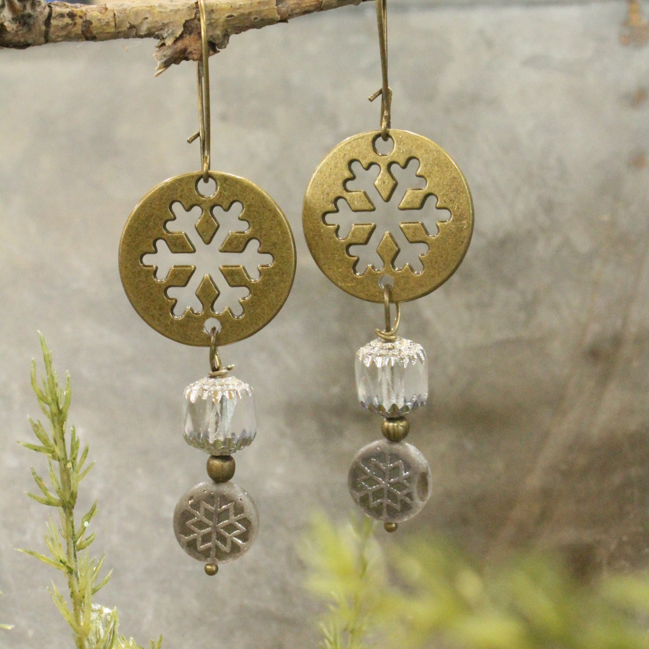 Bronze & Grey Czech Snowflake Earrings