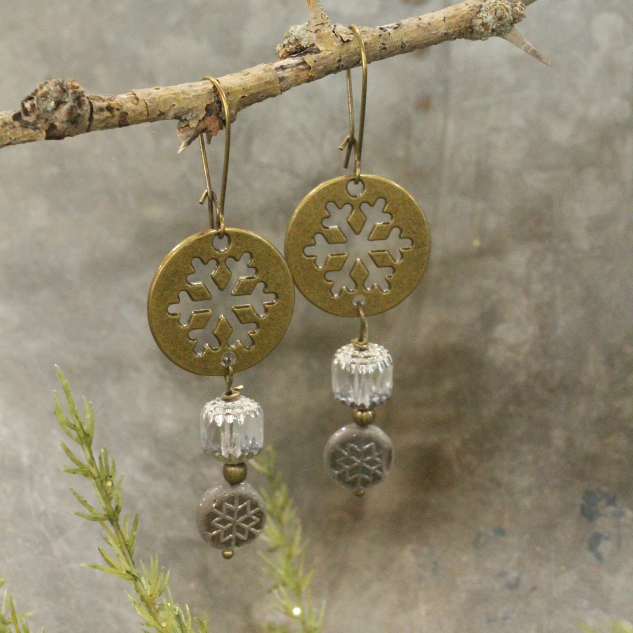 Bronze & Grey Czech Snowflake Earrings