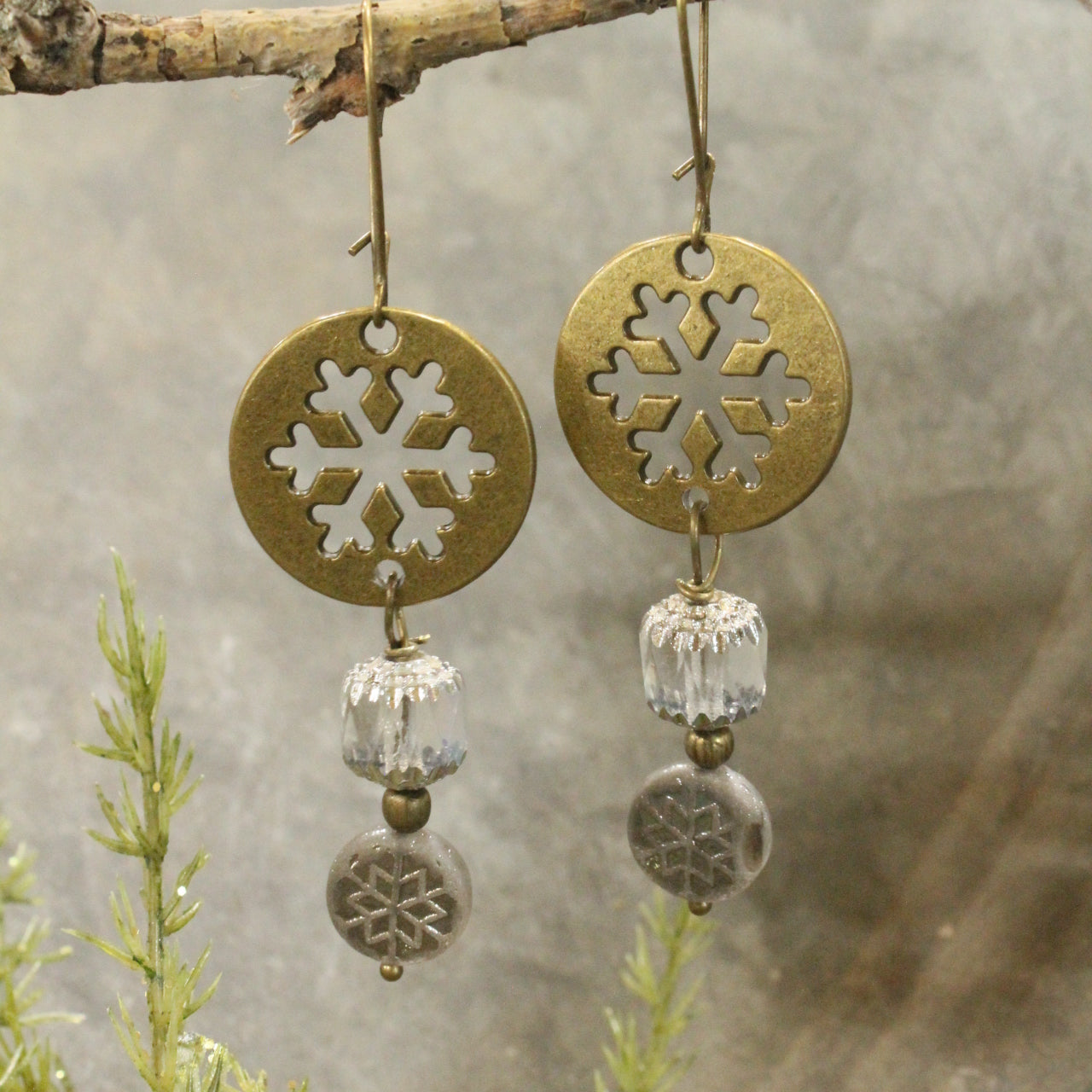 Bronze & Grey Czech Snowflake Earrings