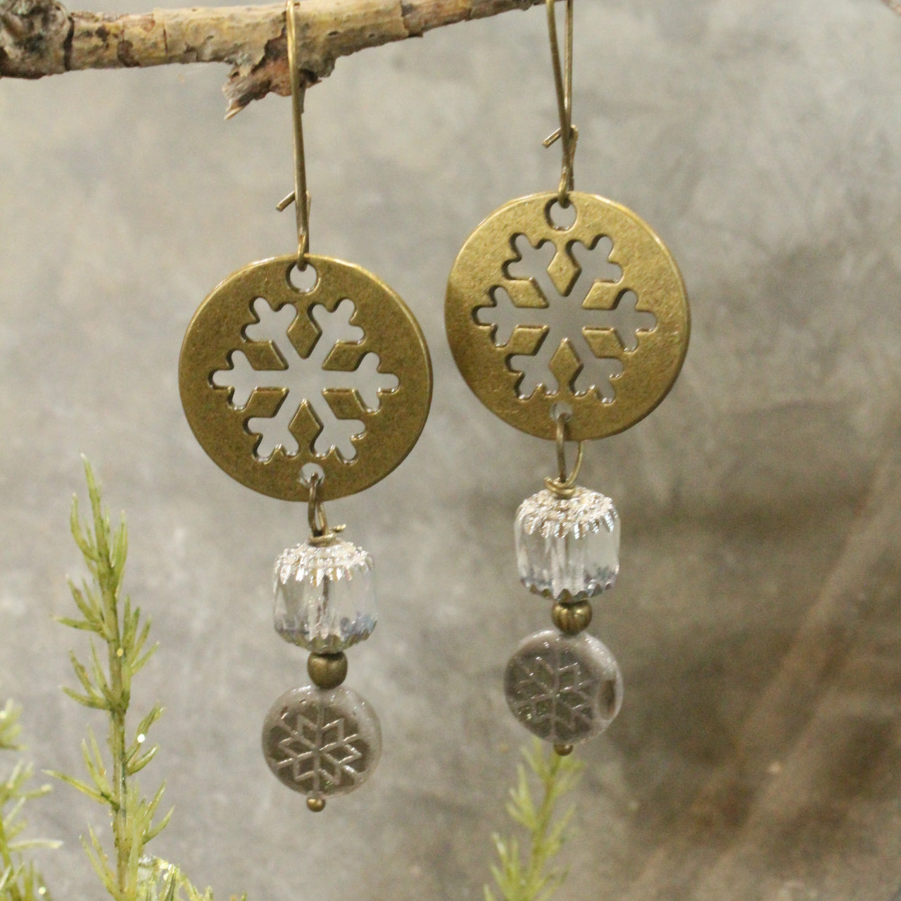 Bronze & Grey Czech Snowflake Earrings