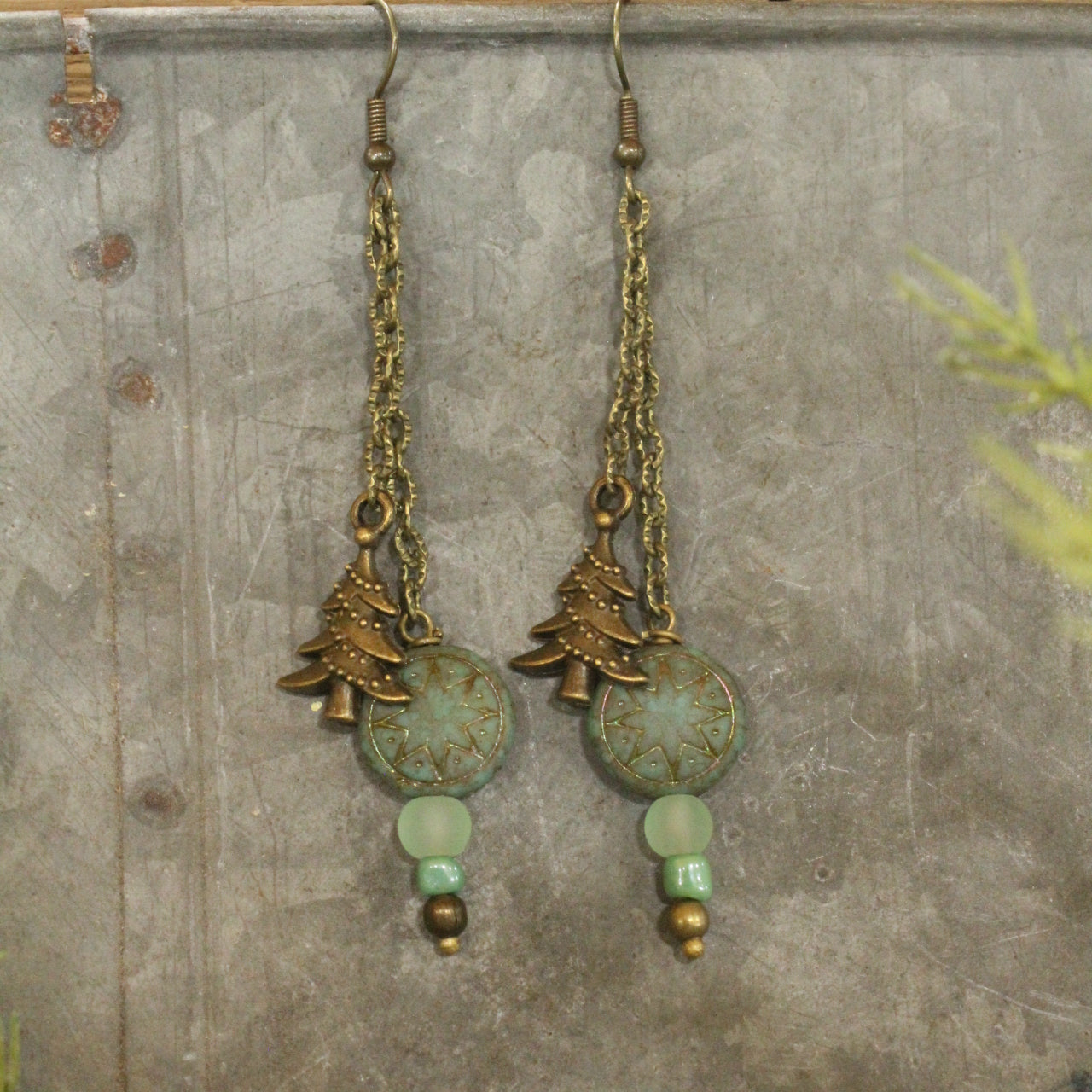 Czech Stars & Evergreens Mint Dangle Earrings