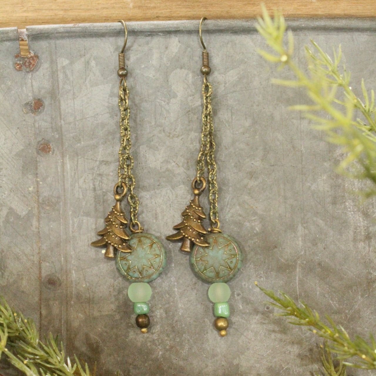 Czech Stars & Evergreens Mint Dangle Earrings