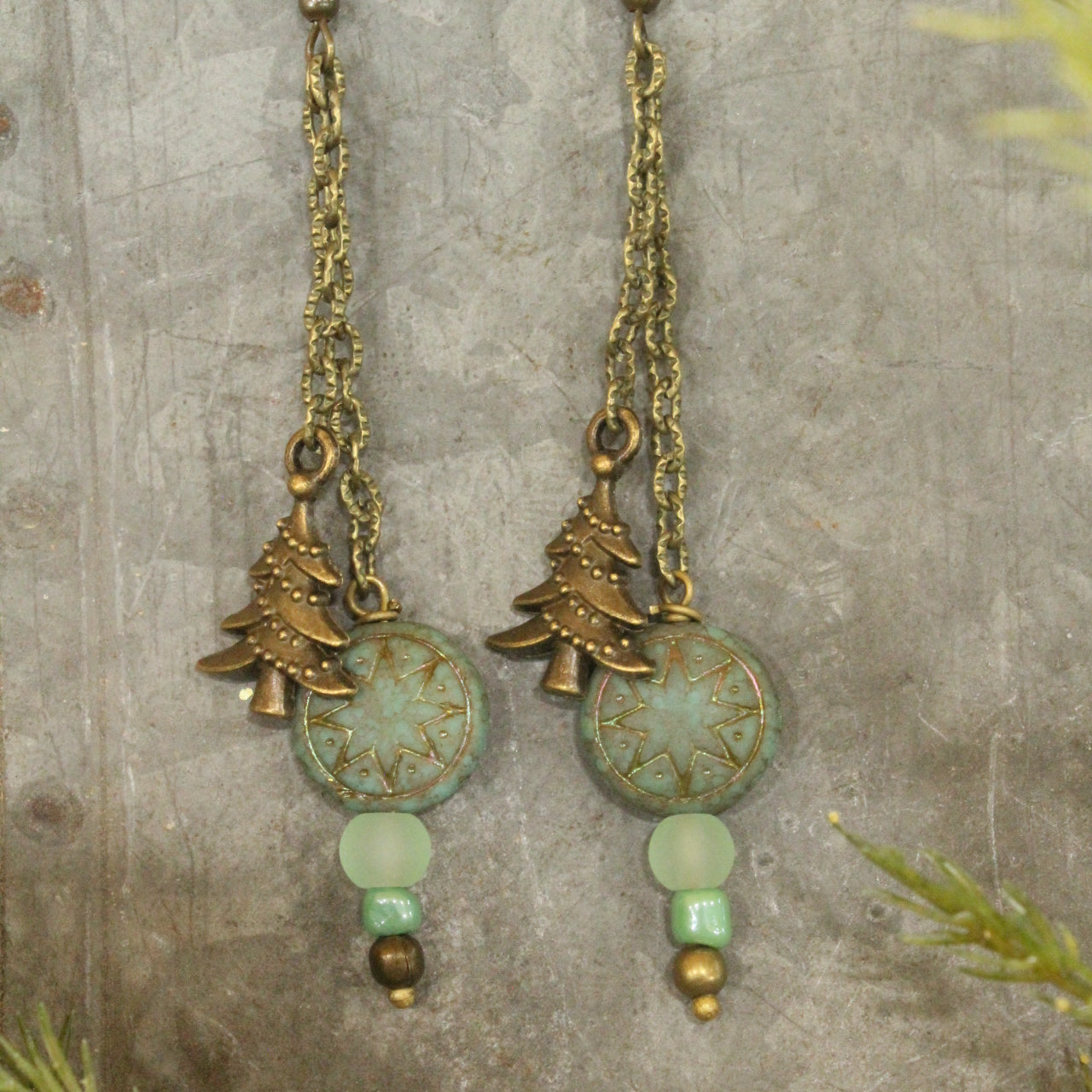 Czech Stars & Evergreens Mint Dangle Earrings