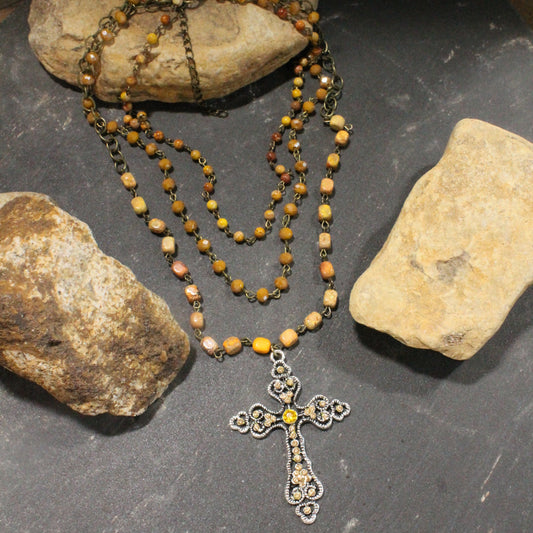 Bohemian Layered Mustard Cross Necklace