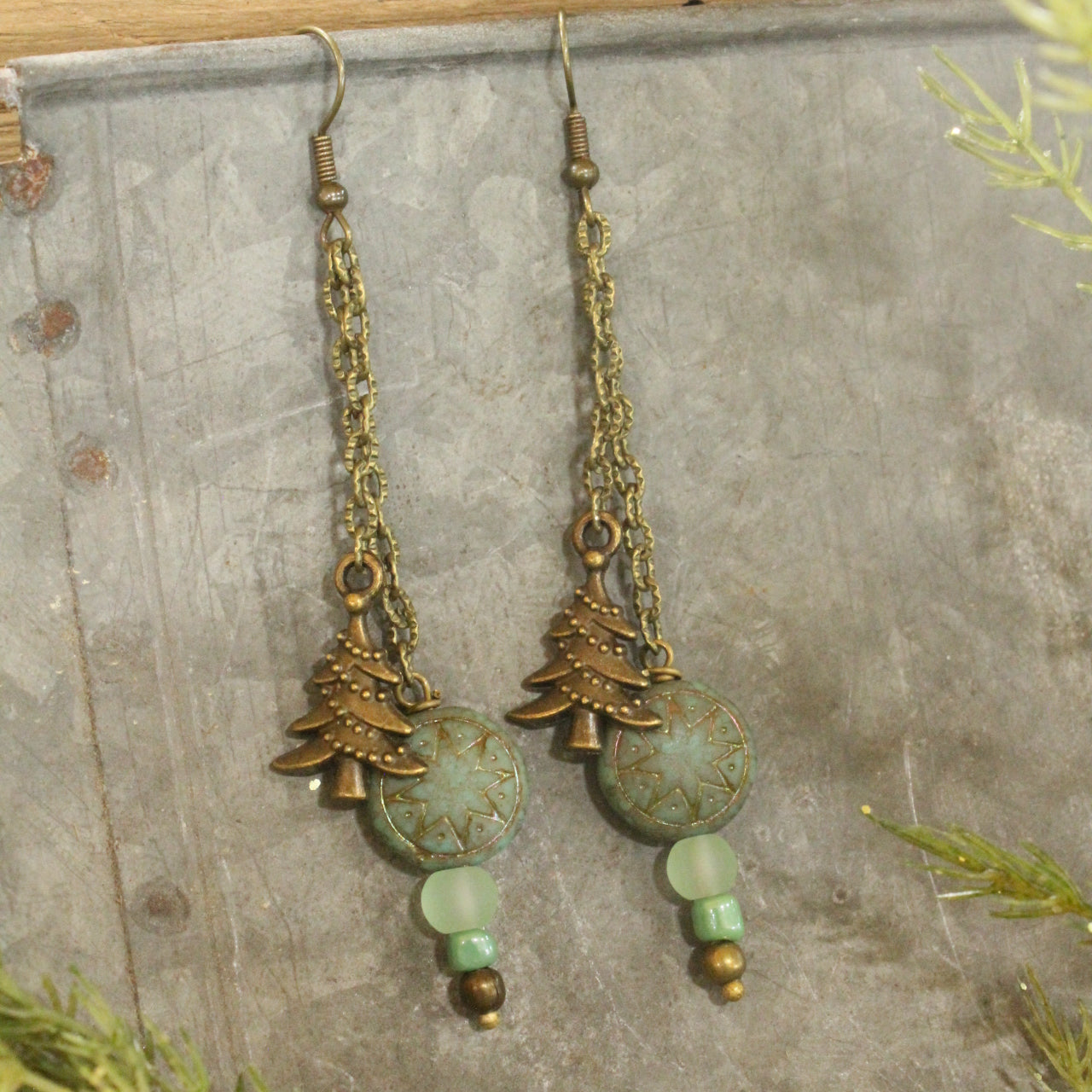 Czech Stars & Evergreens Mint Dangle Earrings