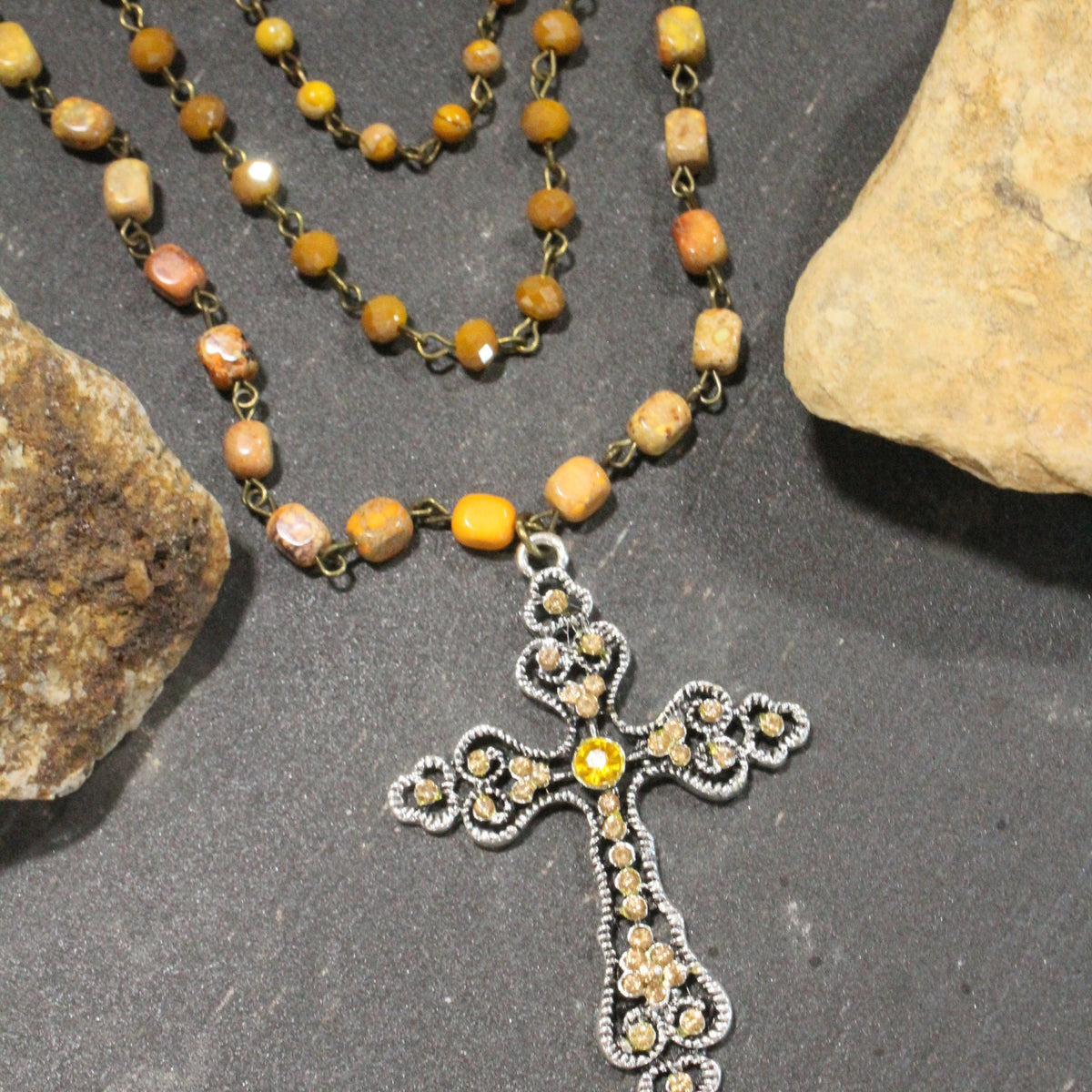 Bohemian Layered Mustard Cross Necklace