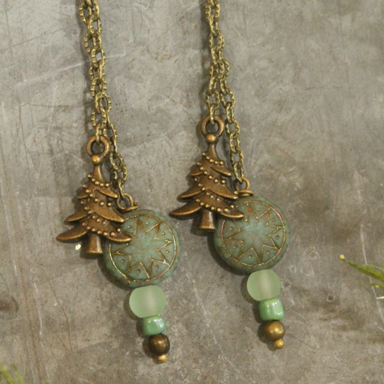 Czech Stars & Evergreens Mint Dangle Earrings