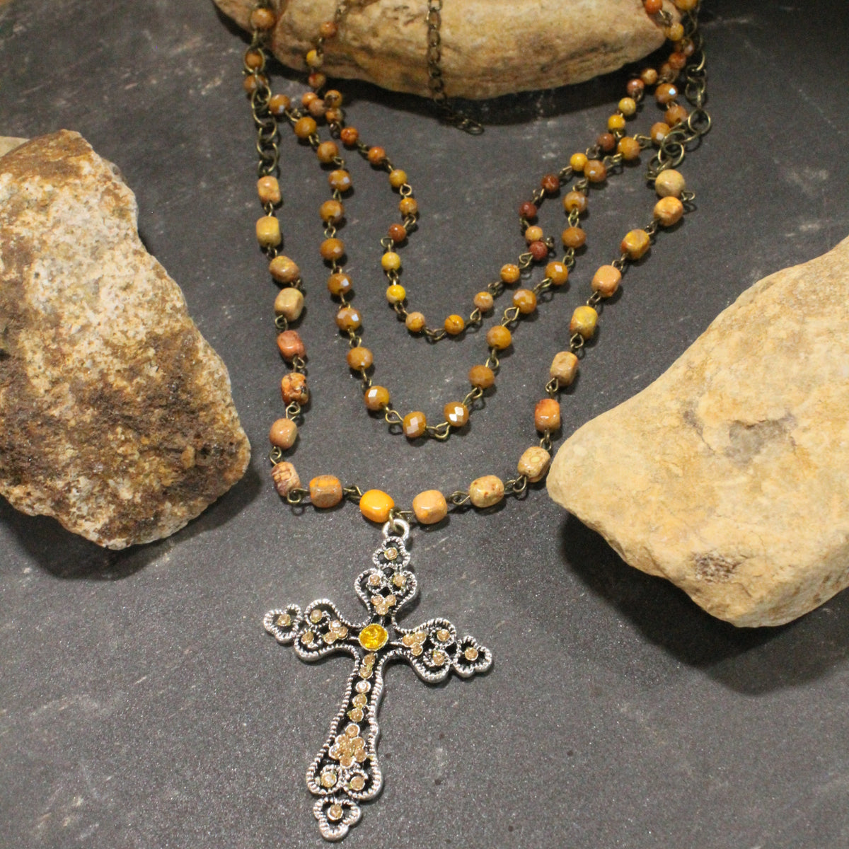 Bohemian Layered Mustard Cross Necklace