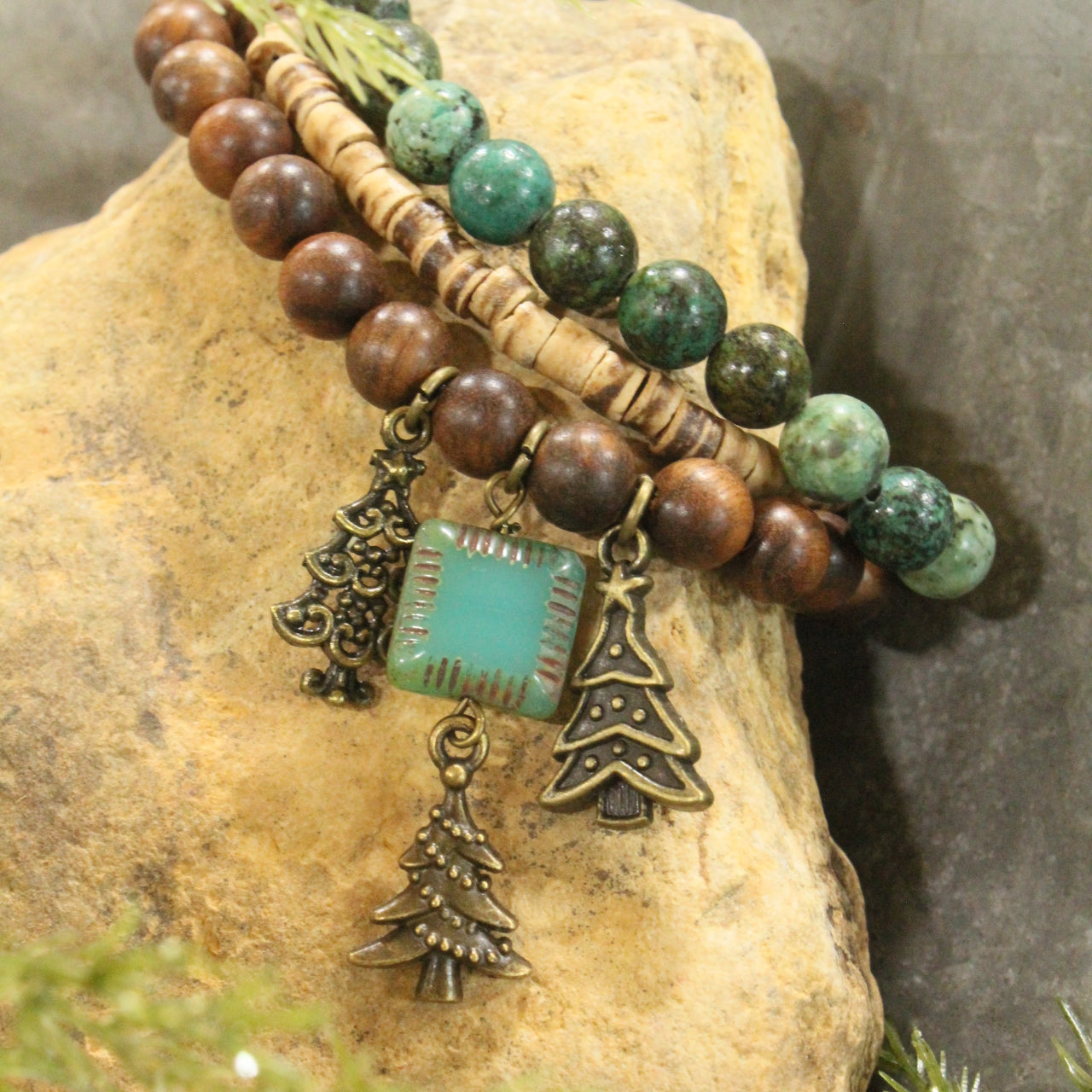 Czech Stone & In The Evergreens Stretch Bracelet Set