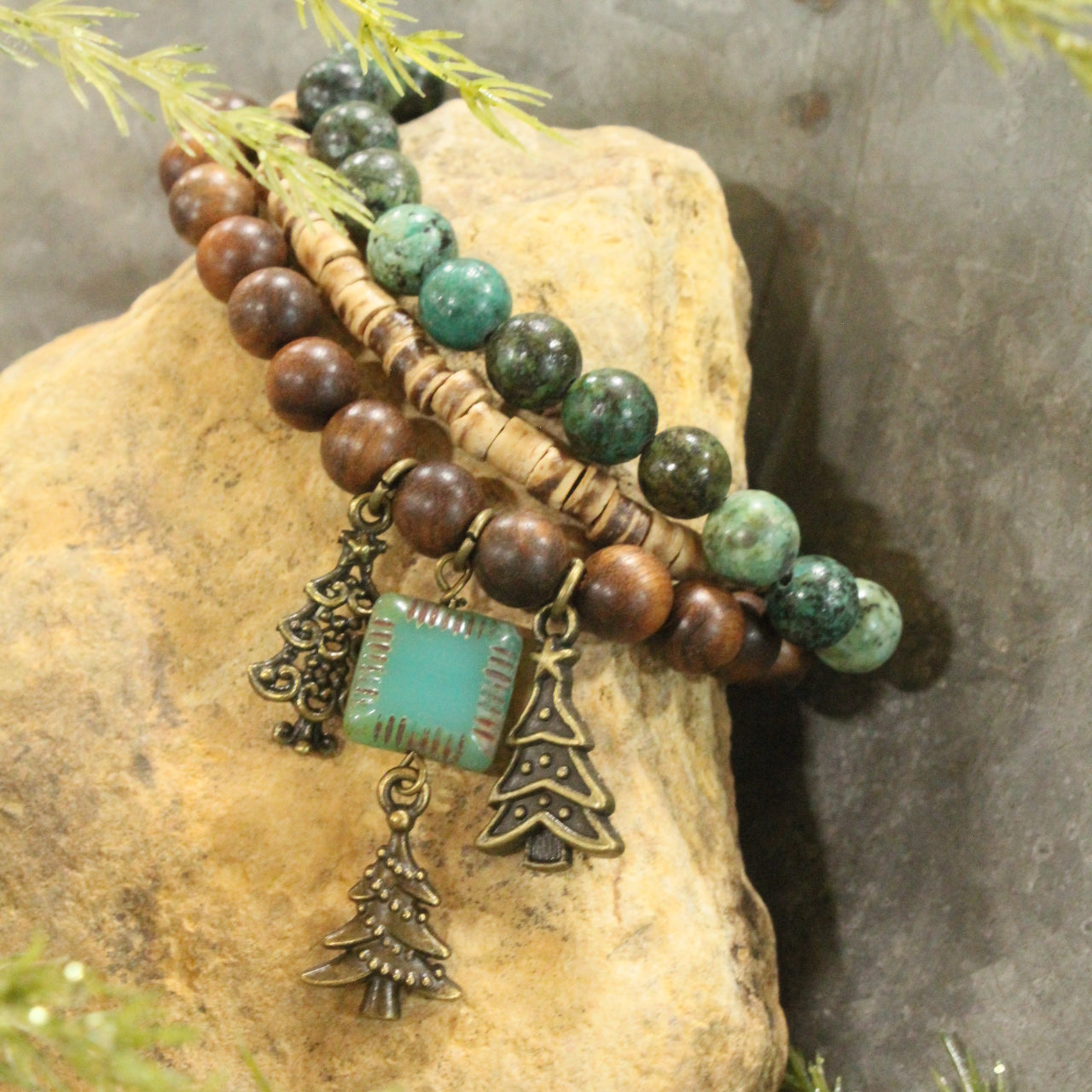 Czech Stone & In The Evergreens Stretch Bracelet Set