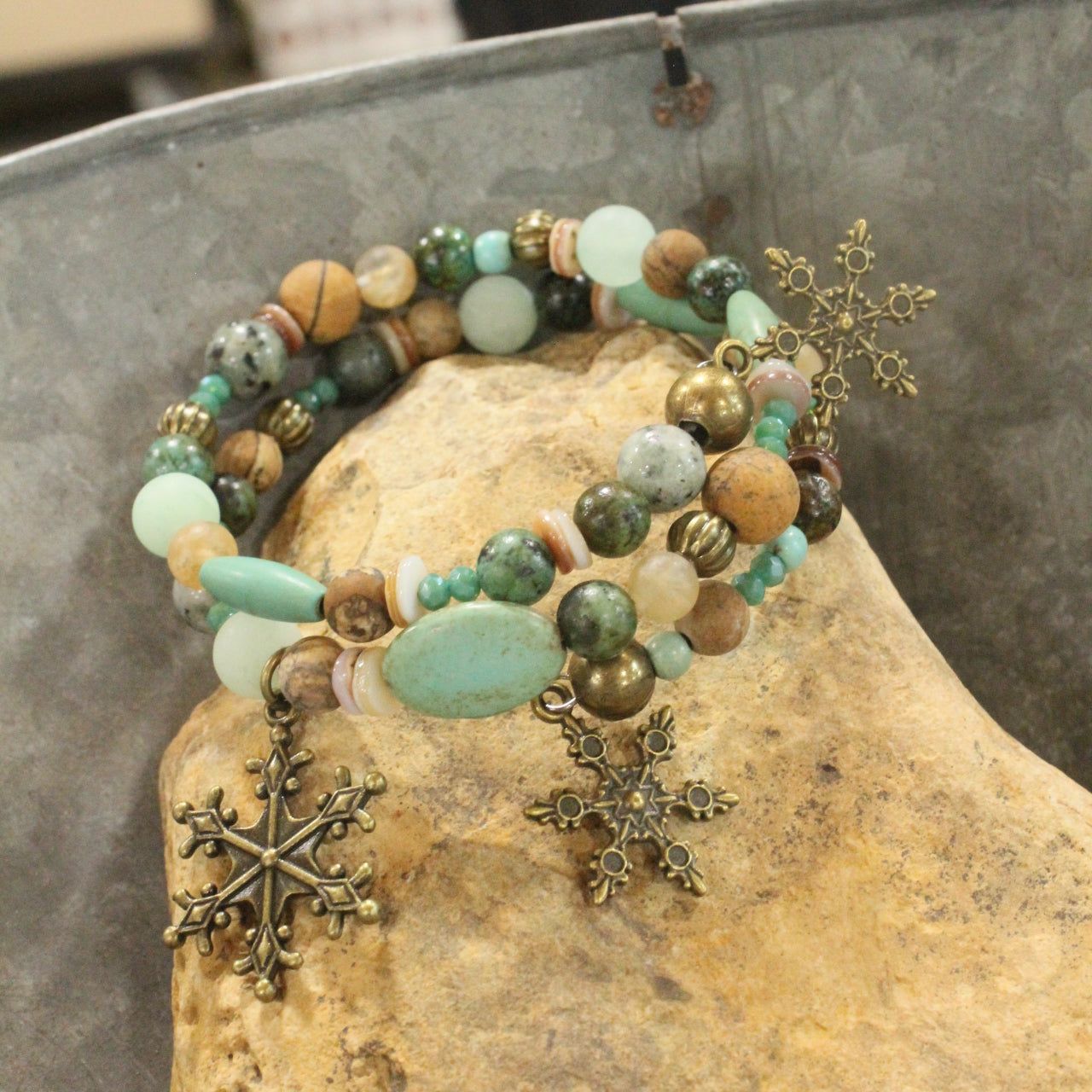 Mixed Mint Stones Touched With Bronze Snowflakes Wrap Bracelet