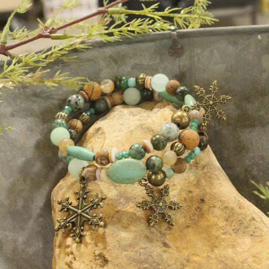 Mixed Mint Stones Touched With Bronze Snowflakes Wrap Bracelet