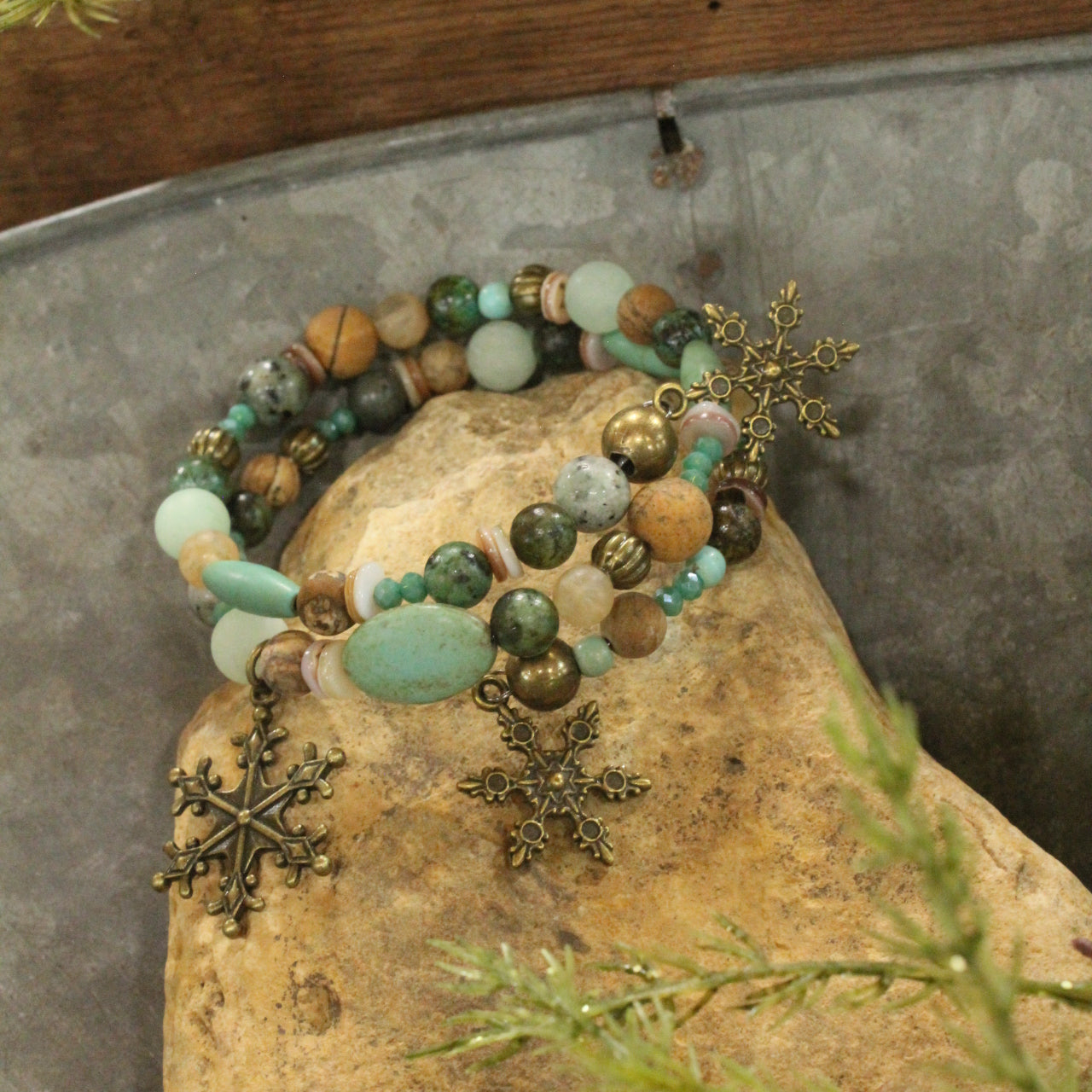 Mixed Mint Stones Touched With Bronze Snowflakes Wrap Bracelet