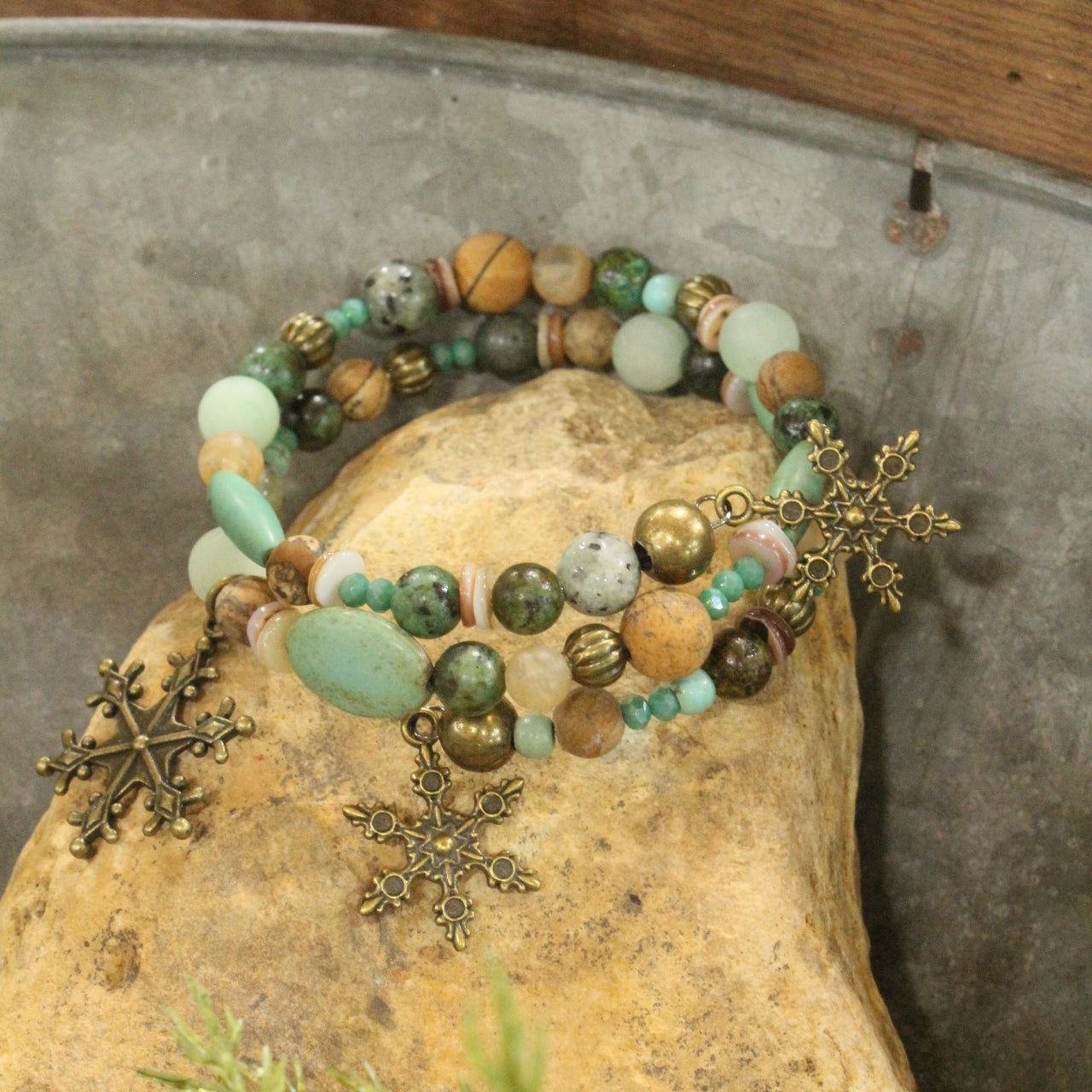 Mixed Mint Stones Touched With Bronze Snowflakes Wrap Bracelet