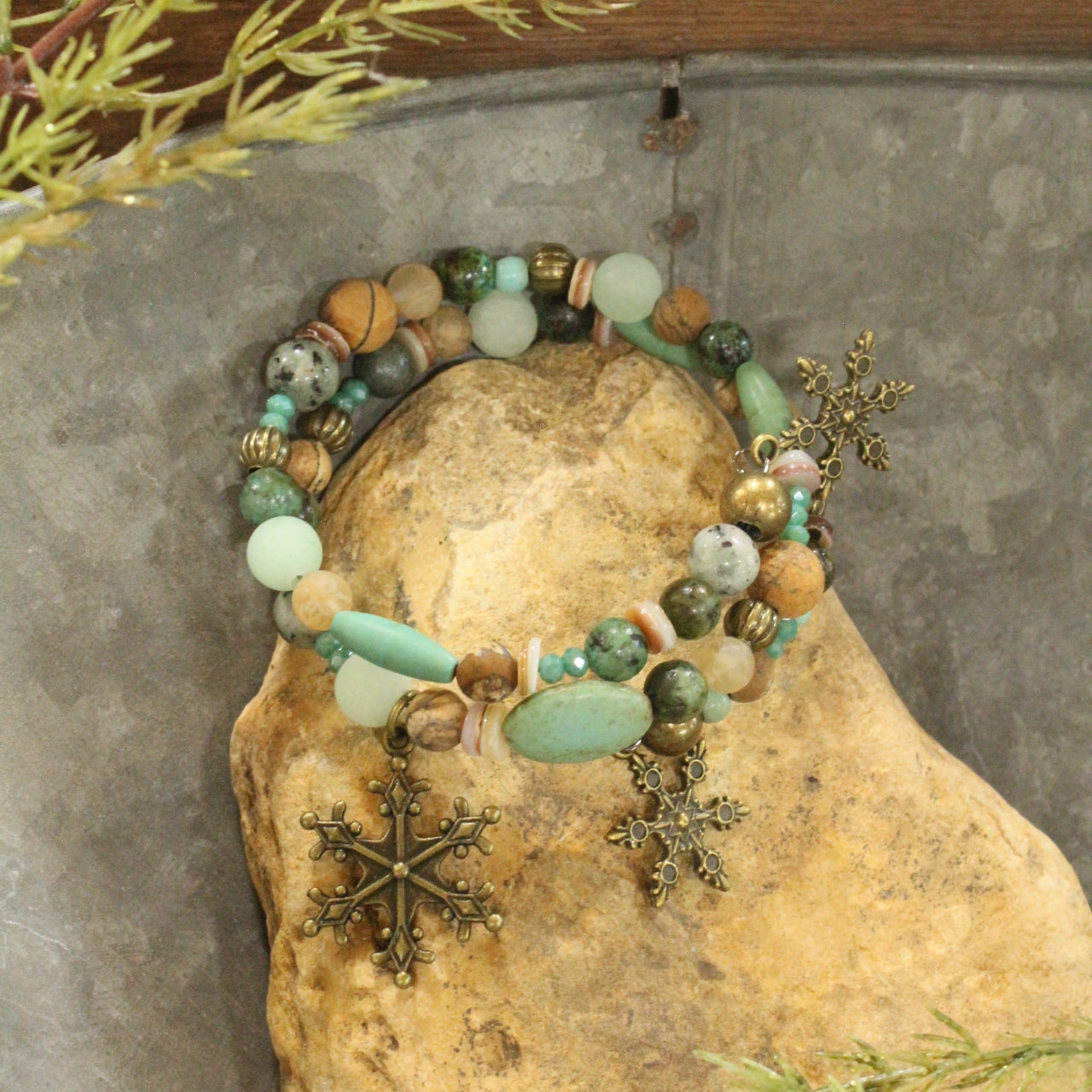 Mixed Mint Stones Touched With Bronze Snowflakes Wrap Bracelet