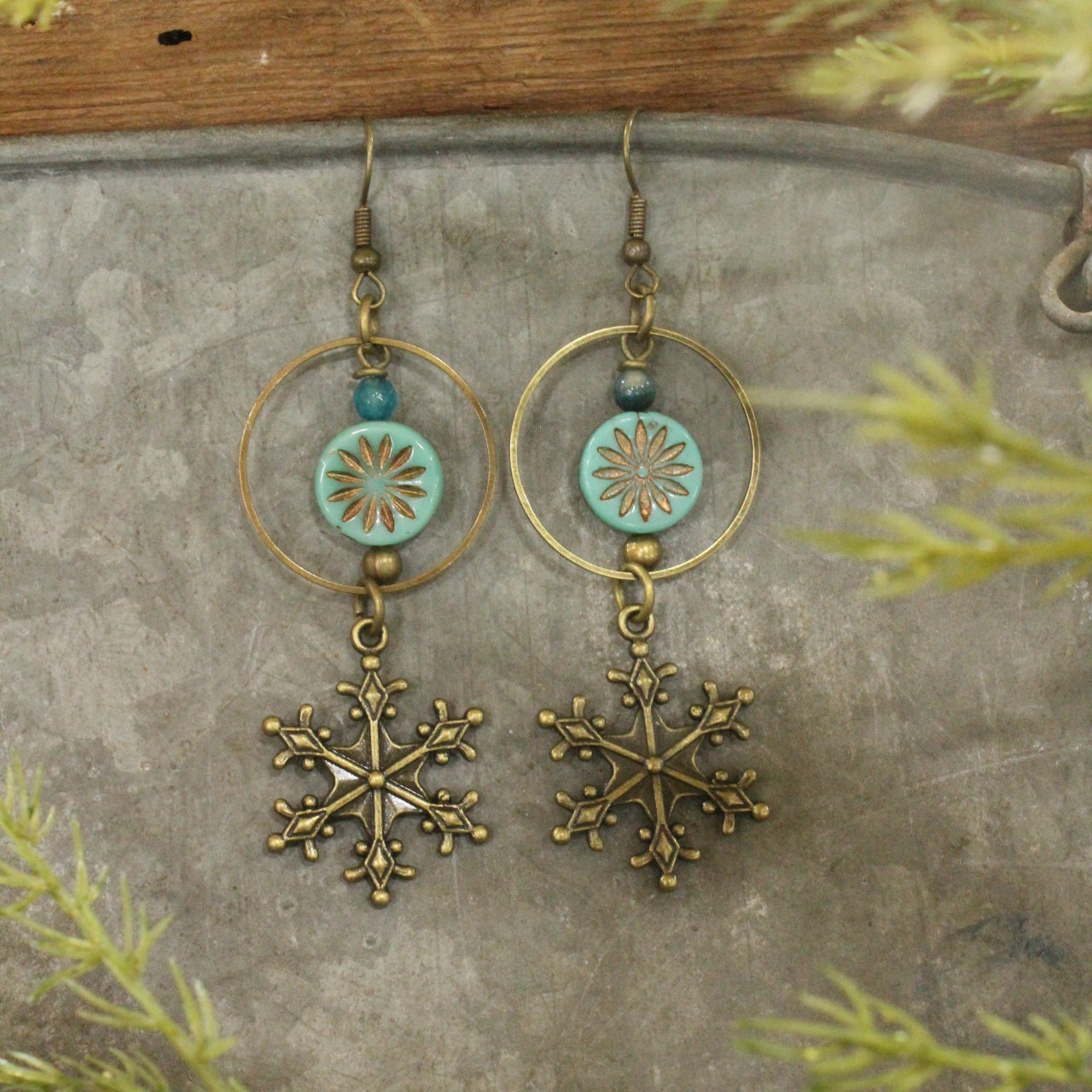 Turquoise Czech & Snowflake Hoop Dangle Earrings