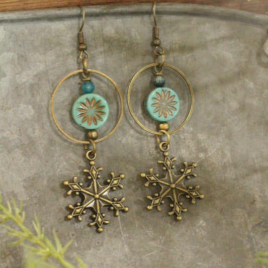 Turquoise Czech & Snowflake Hoop Dangle Earrings