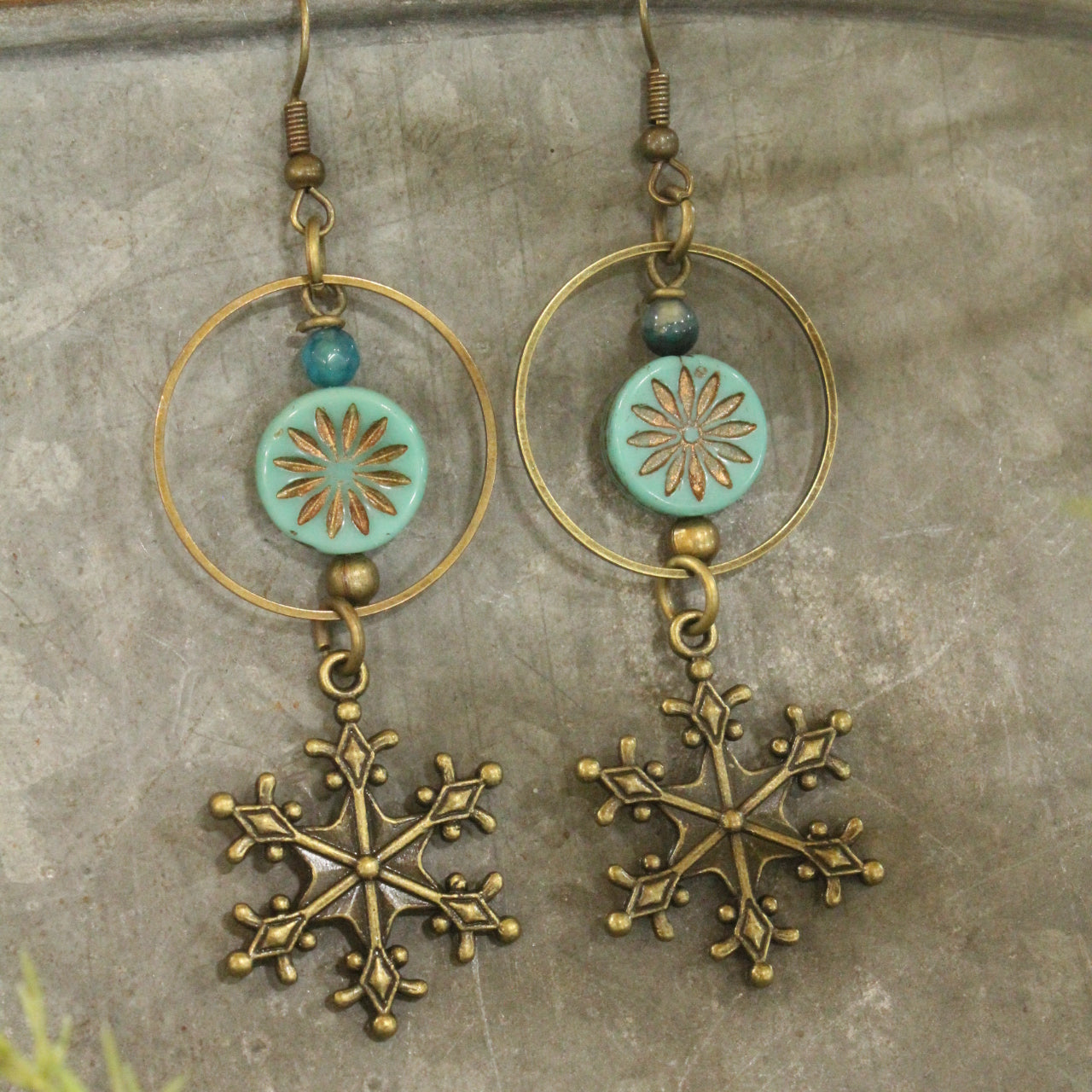 Turquoise Czech & Snowflake Hoop Dangle Earrings