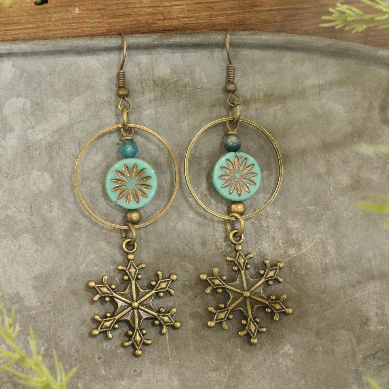 Turquoise Czech & Snowflake Hoop Dangle Earrings