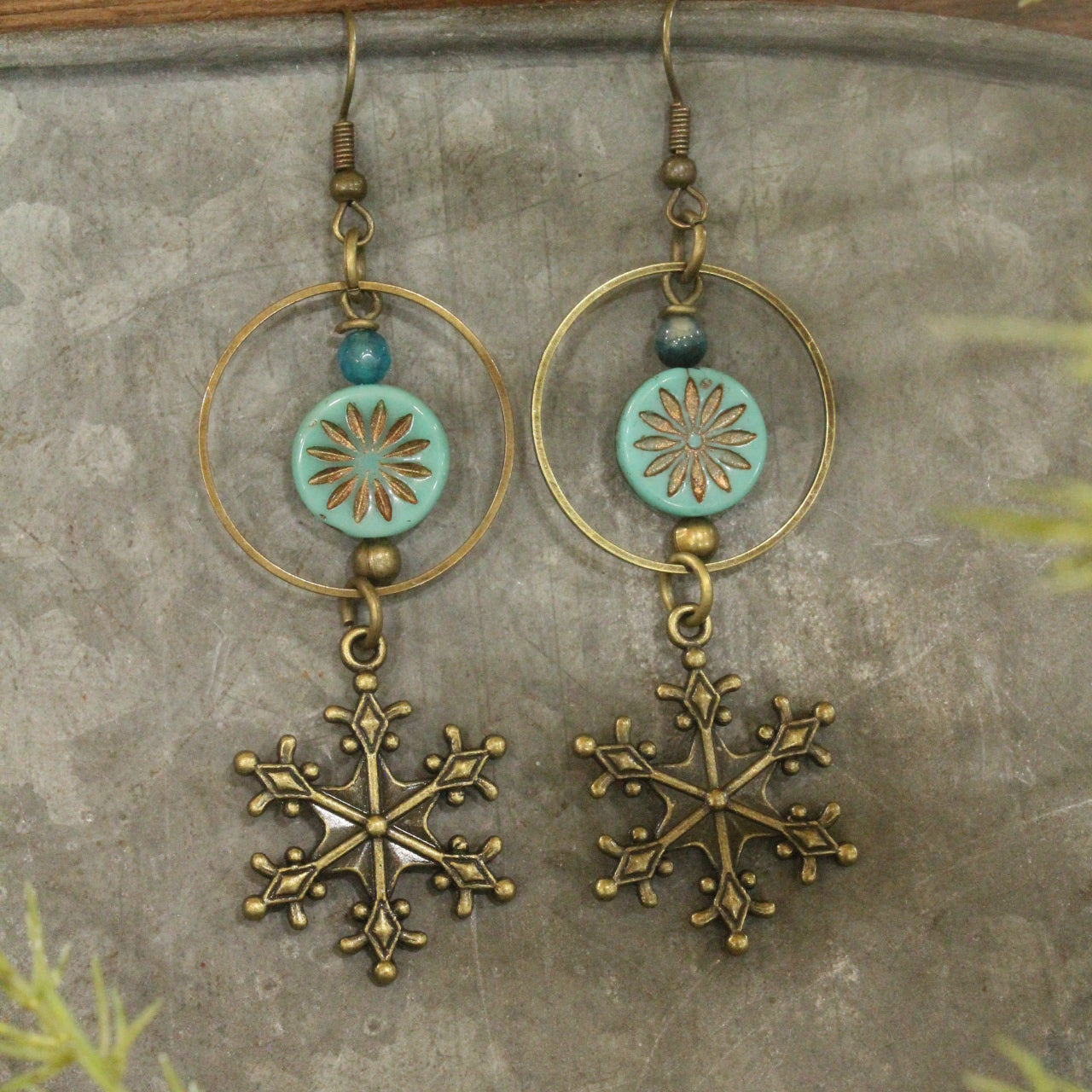 Turquoise Czech & Snowflake Hoop Dangle Earrings