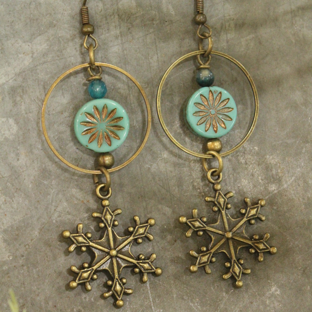 Turquoise Czech & Snowflake Hoop Dangle Earrings