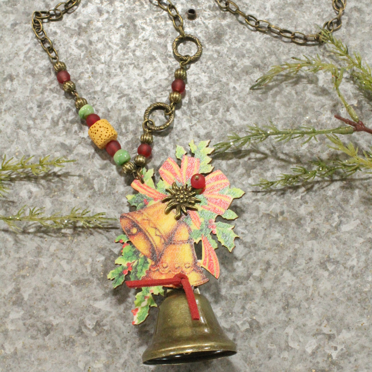 Bronze Bell & Holly Berry Vintage Pendant Necklace