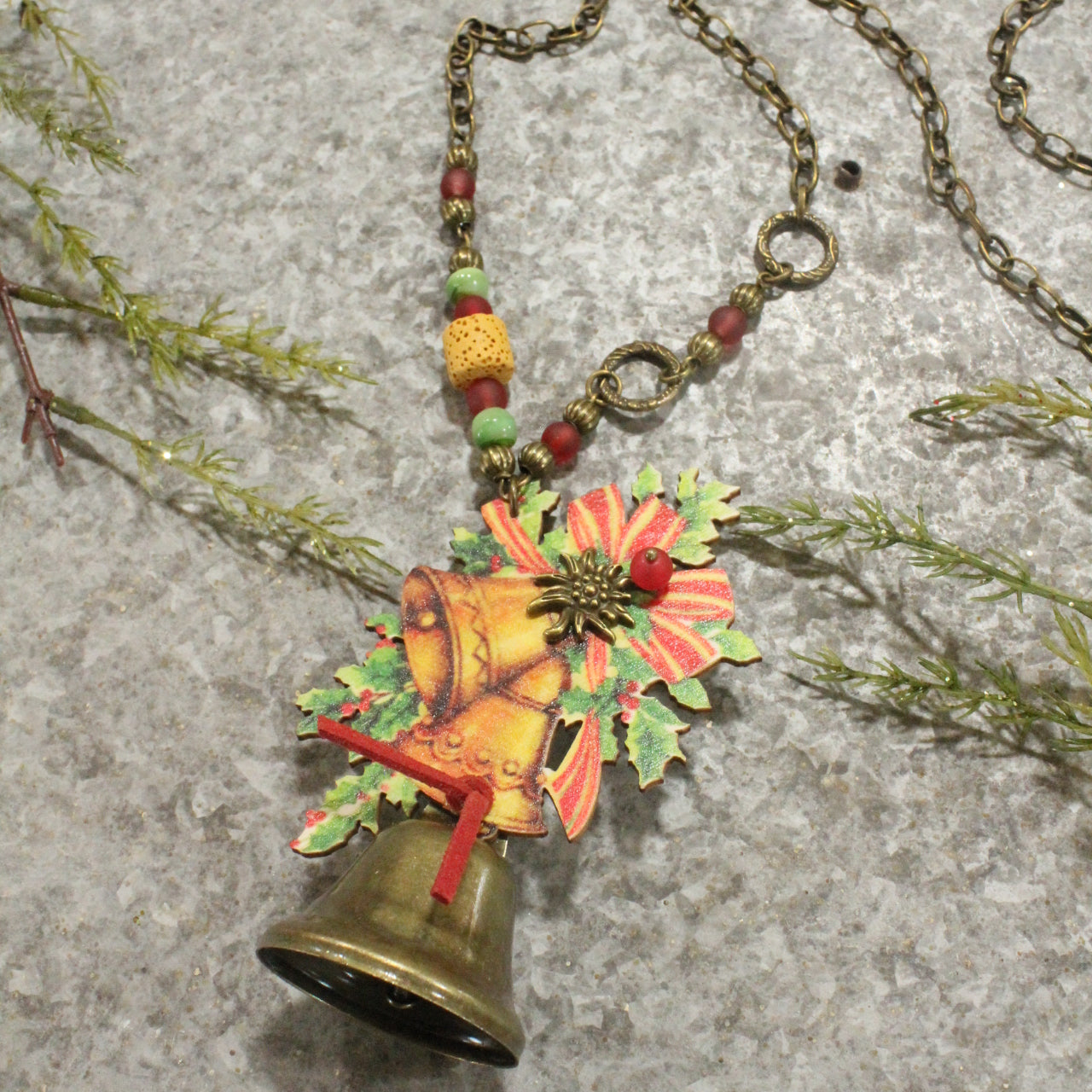 Bronze Bell & Holly Berry Vintage Pendant Necklace